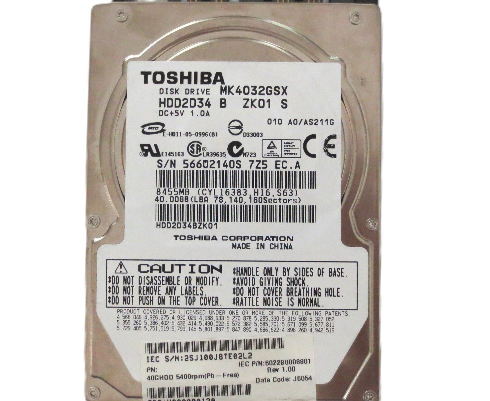 Toshiba MK4032GSX HDD2D34 B ZK01 S 010 A0/AS211G China 40gb 2.5" Sata HDD