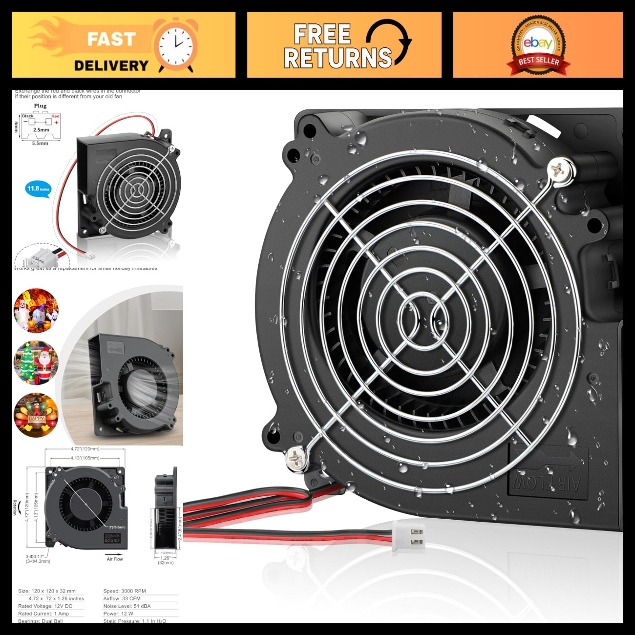 120mm x 32mm Waterproof Blower Fan 12V IP67 Dual Ball Bearing 2Pin Cooling