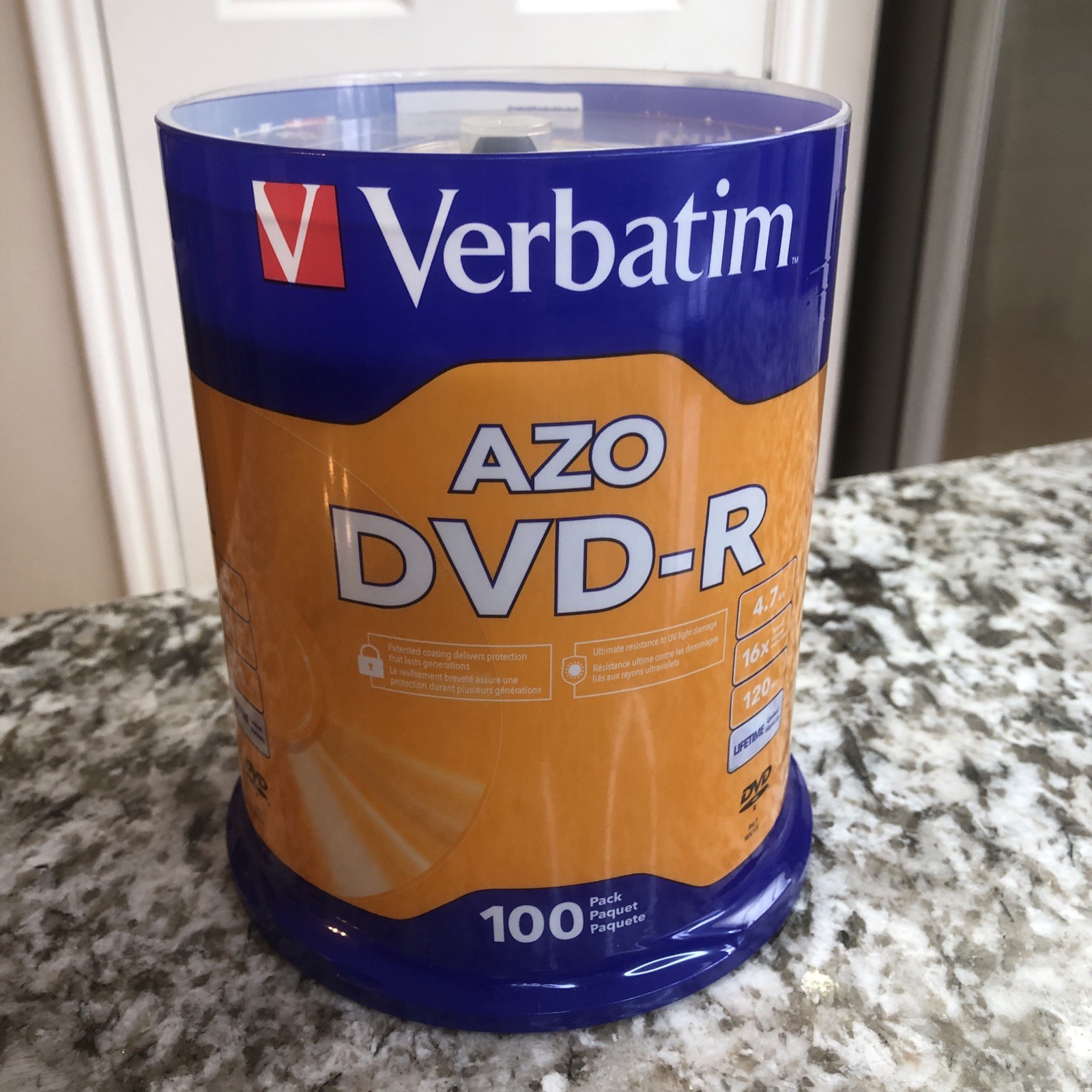 Verbatim 100 DVD-R 4.7GB 16x AZO Recordable Media Blank Disc Spindle New Sealed