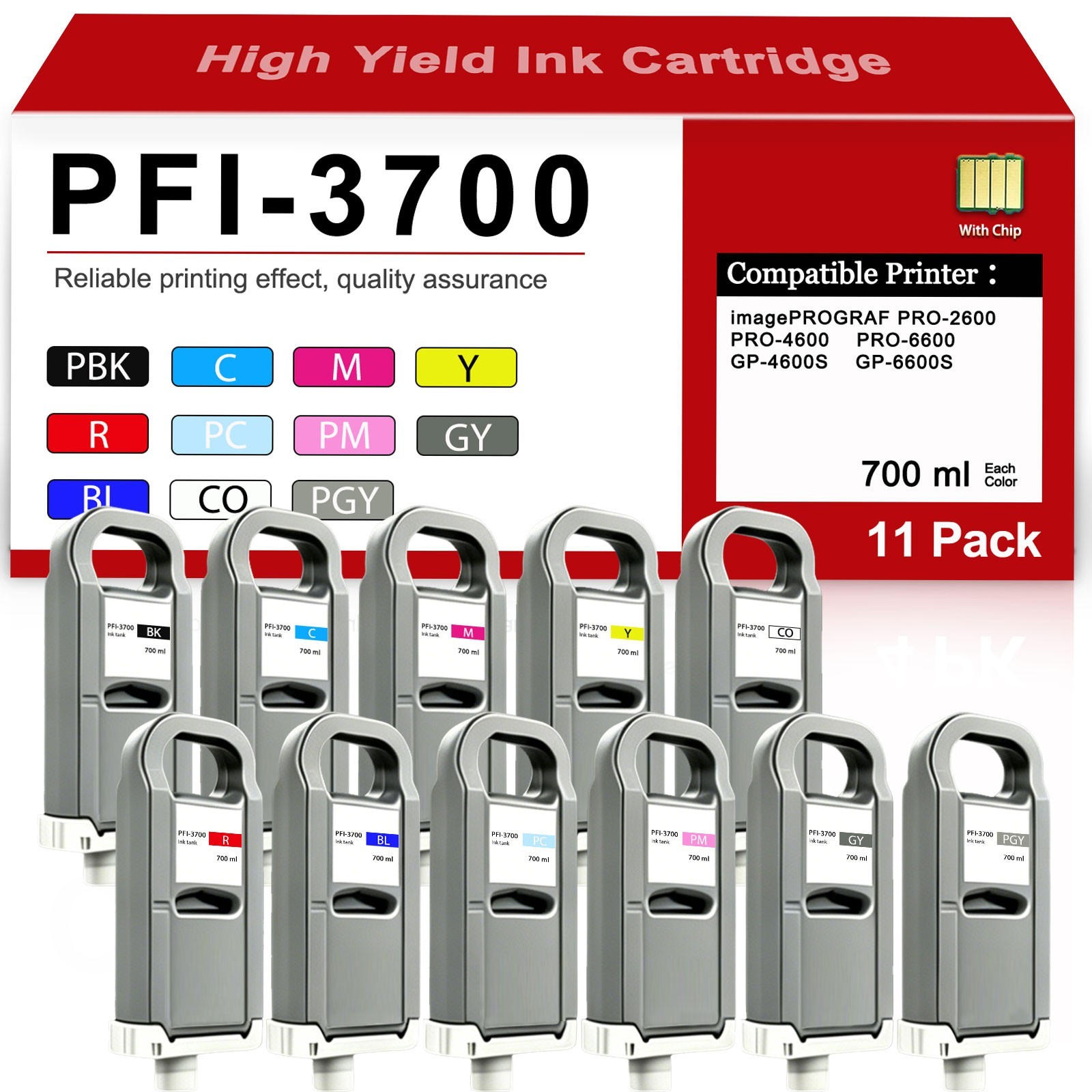 11 Pack PFI-3700 PFI3700 (700ml) Ink Cartridge for imagePROGRAF  PRO-2600