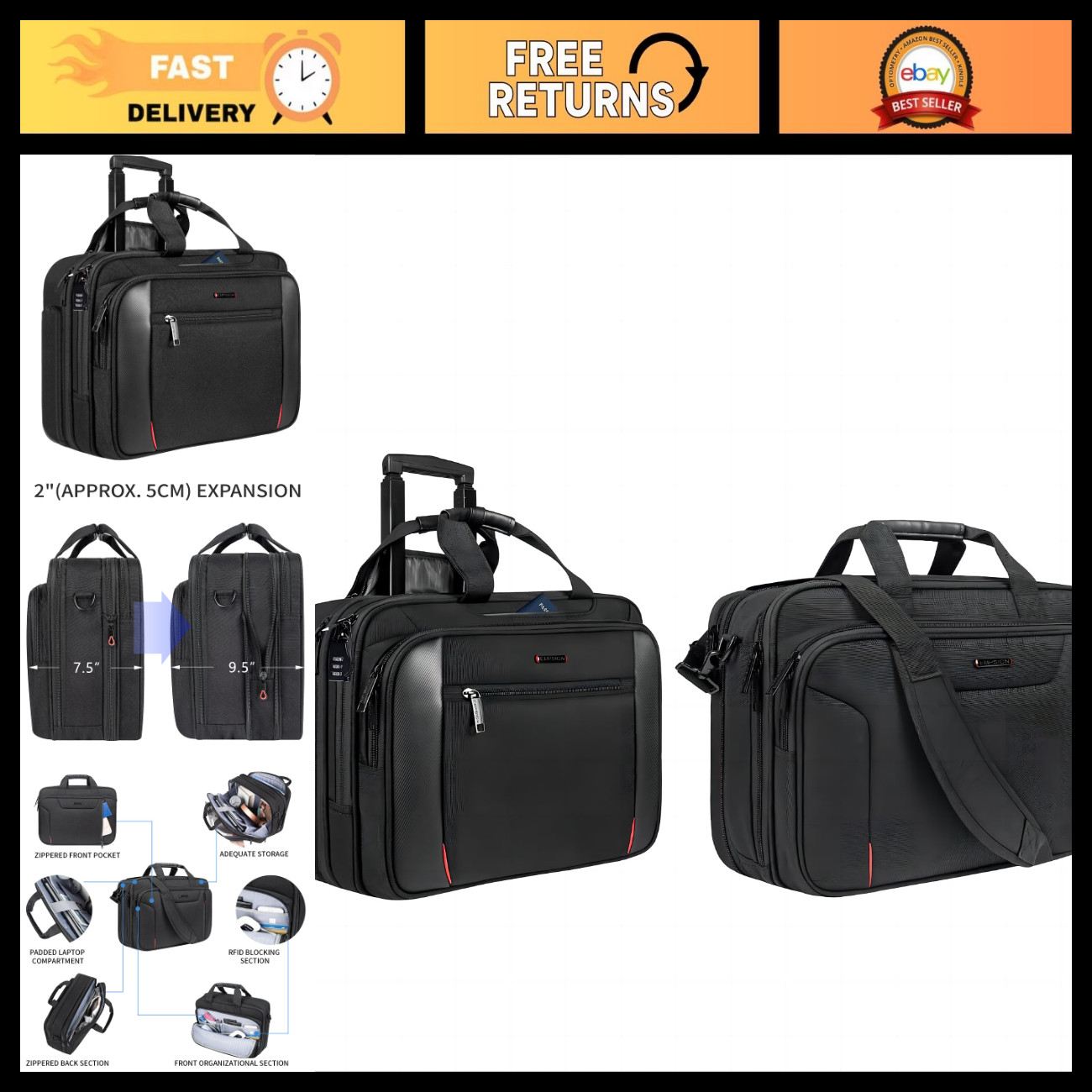 17.3" Laptop Rolling Briefcase Bag with Pockets for Business Travel & Work