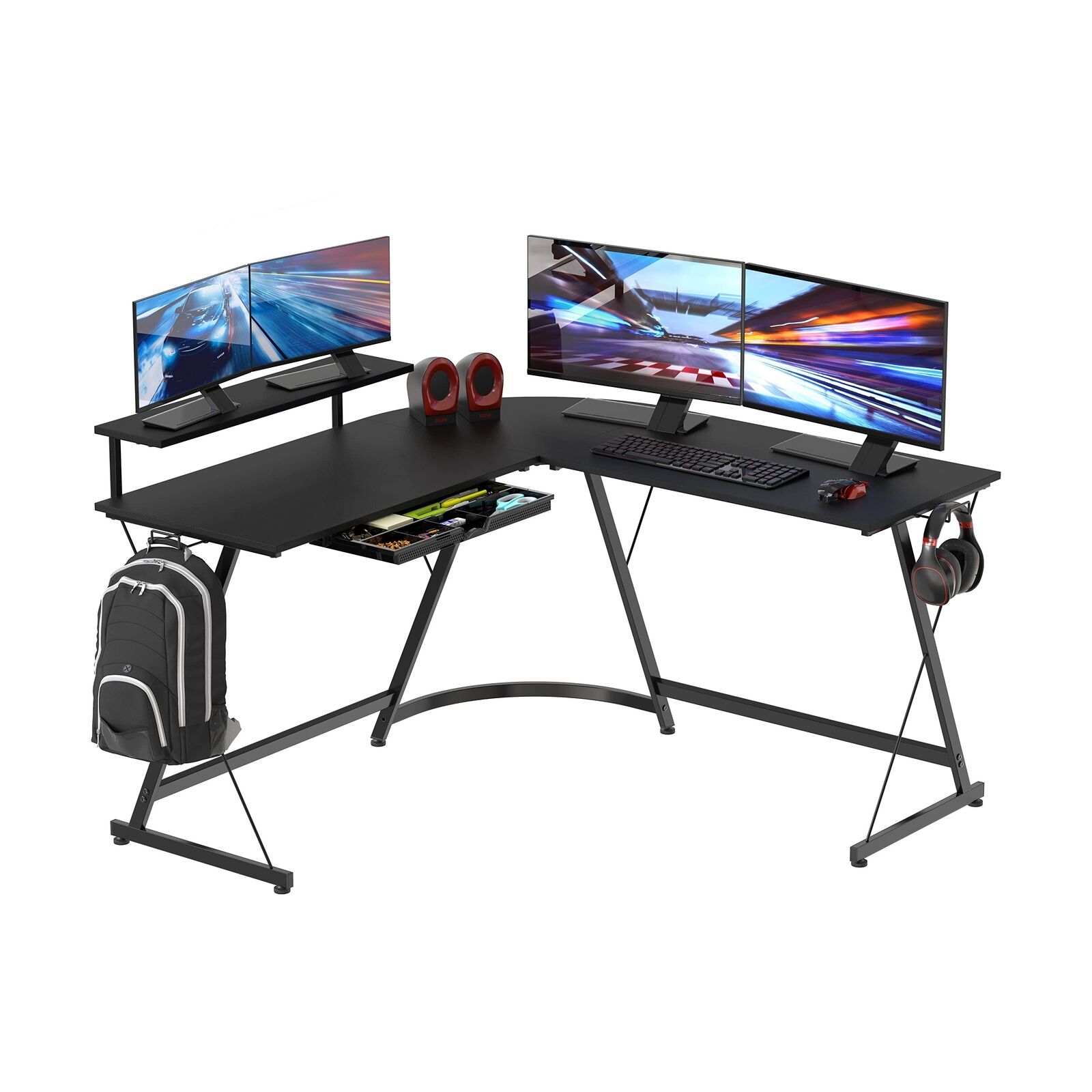 SHW Vista L-Shape Desk with Monitor Stand, Black w/ Monitor Riser