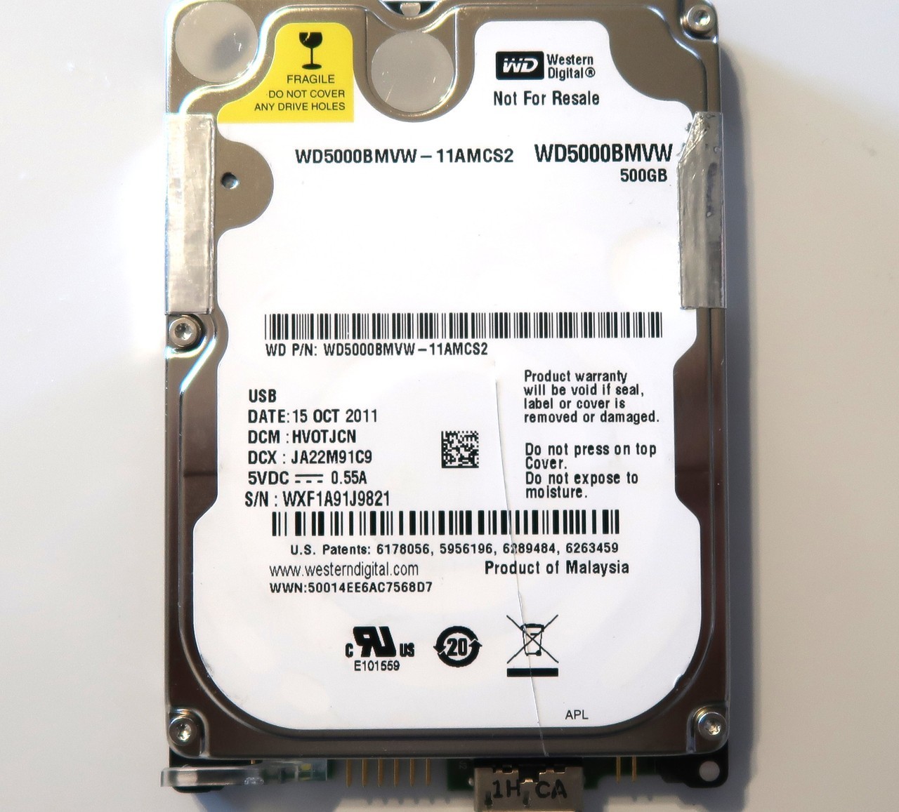 WD5000BMVW-11AMCS2 DCM: HV0TJCN (WXF1) COO: Malaysia 500gb USB HDD OCT/2011