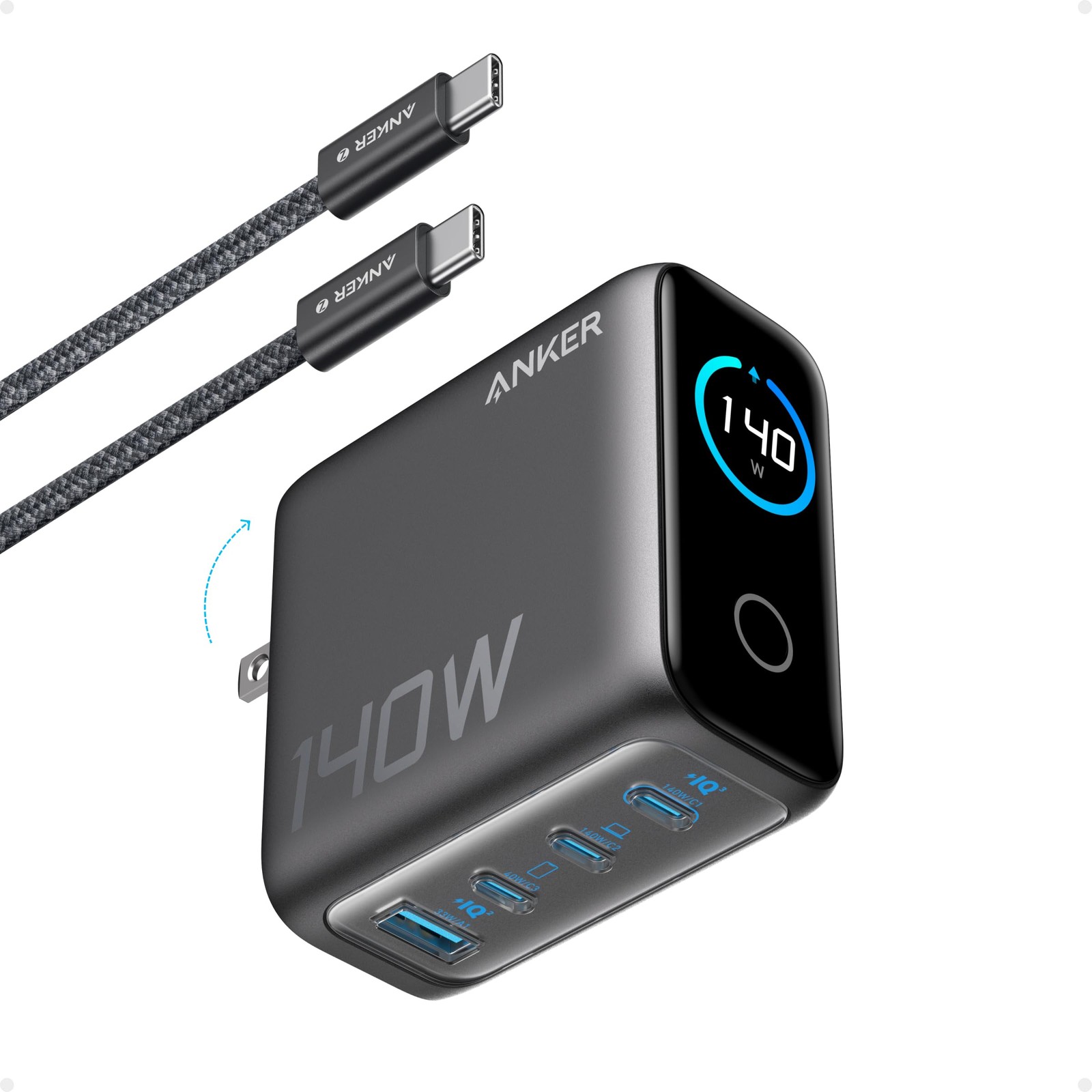 Anker MacBook Pro Charger,140W Max 4-Port GaN USB C Charger Block wi - Dark Gray