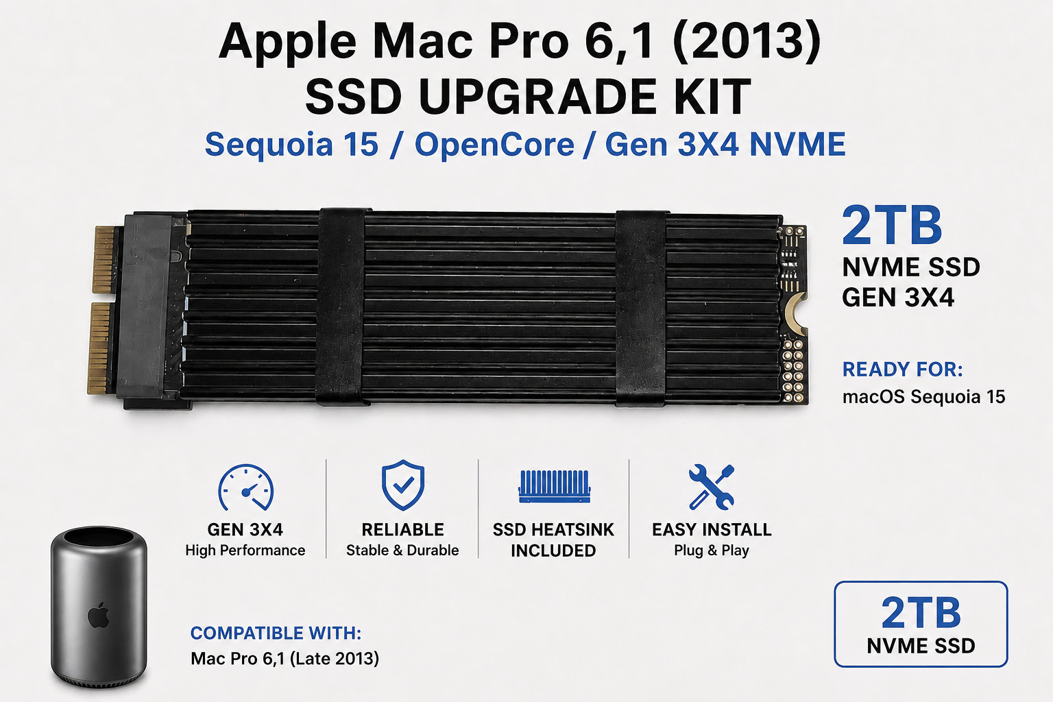 Apple Mac Pro 6,1 (2013) SSD UPGRADE kit to Sequoia 15/OpenCore/Gen 3X4 NVME 2TB