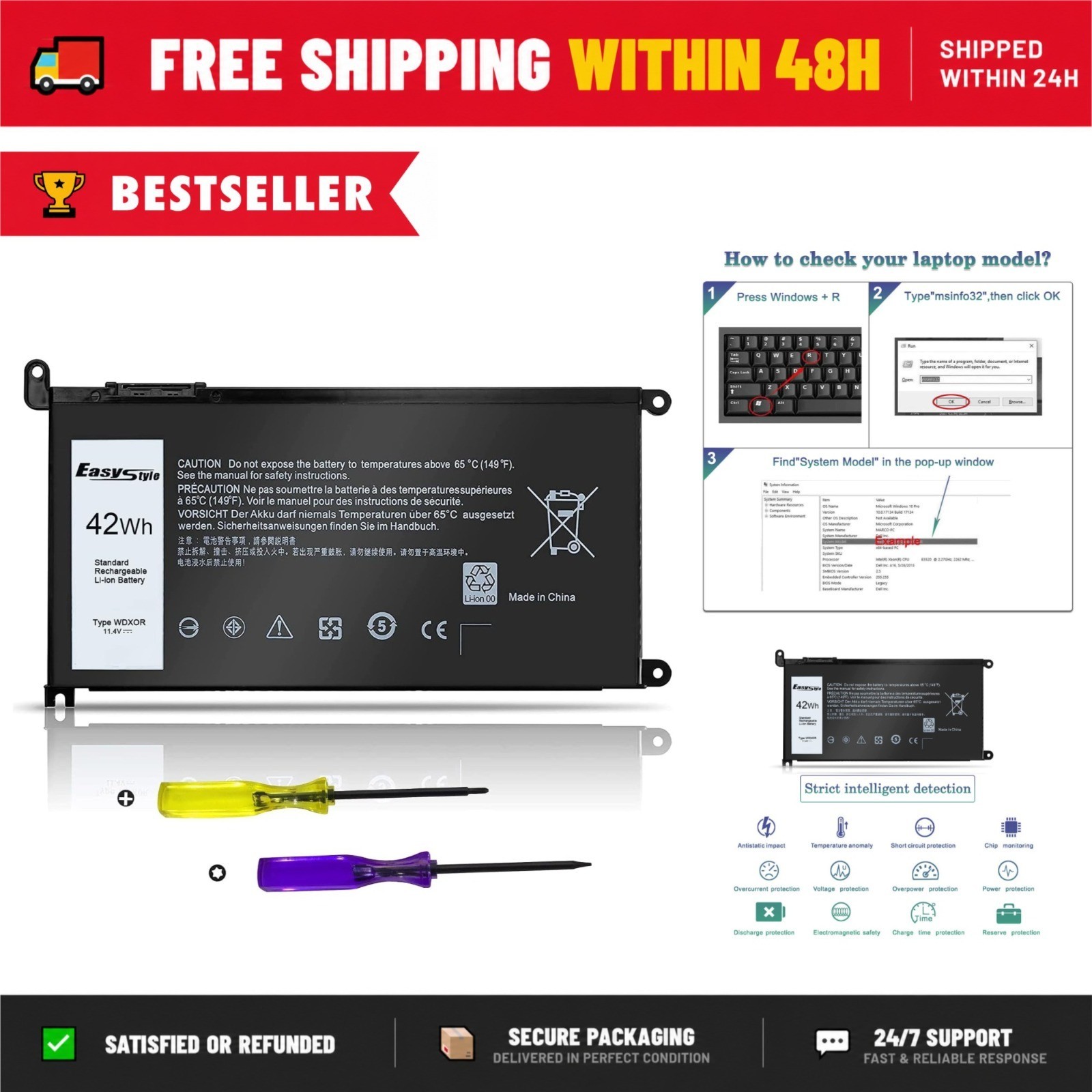 42Wh WDX0R Battery Replacement for Dell Inspiron 13 15 17 3CRH3