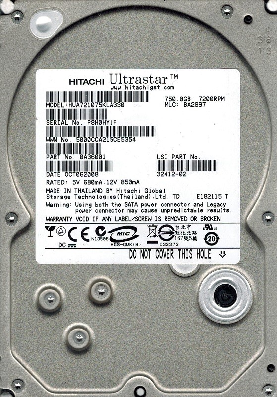 HUA721075KLA330 P/N: 0A36001 MLC: BA2897 Hitachi 750GB