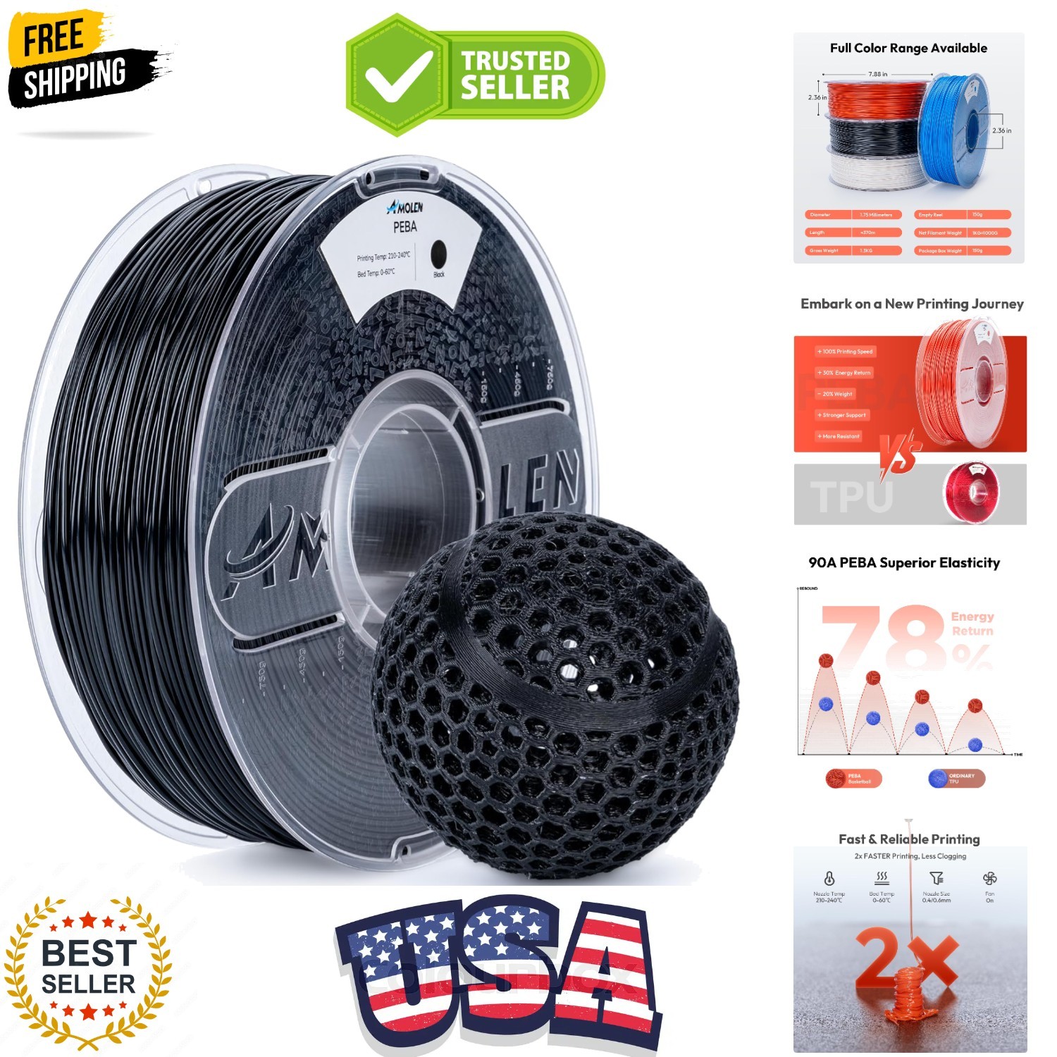 Rebound PEBA 90A Flexible Filament, 1.75mm 3D Printer Filament, 78% Energy Re...