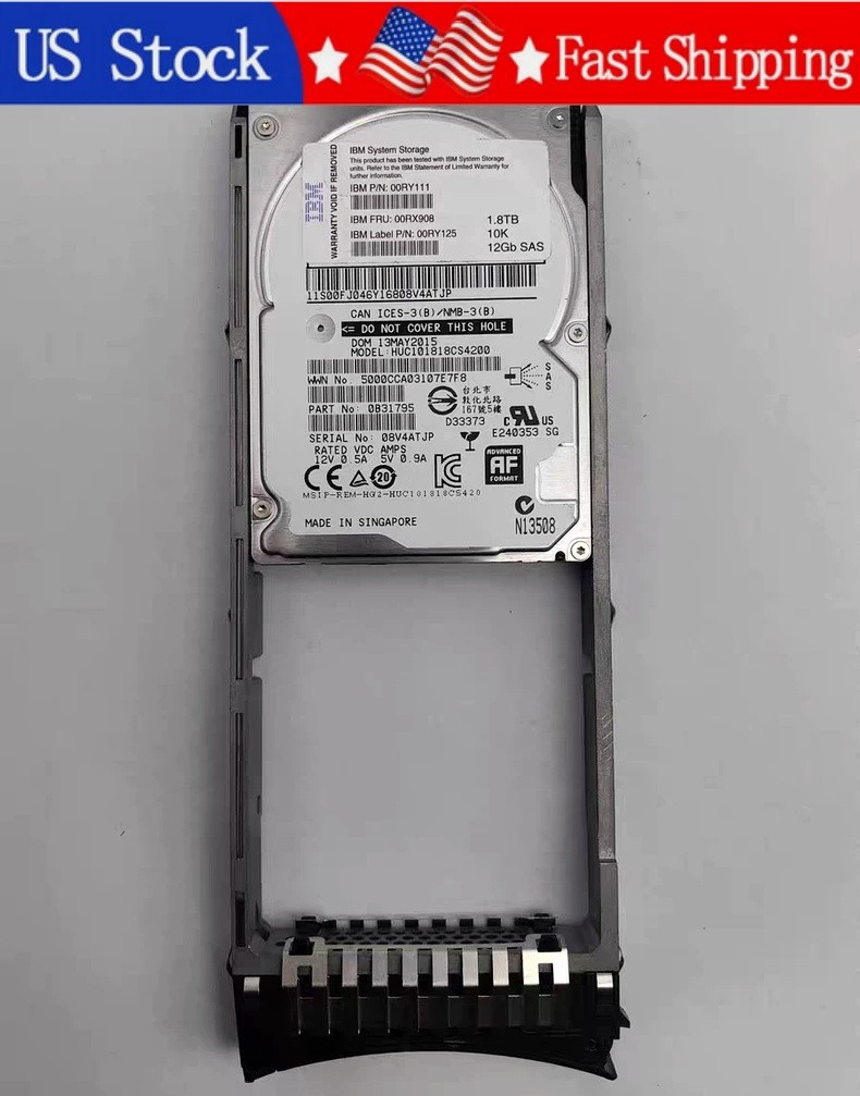 New IBM 00RX908 00RY111 00RY125 1.8TB 10K 12G 2.5" SAS V7000 Gen2 HDD With Caddy