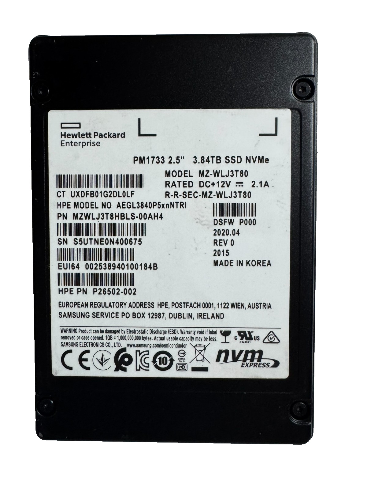 HPE SAMSUNG PM1733 3.84TB 2.5" PCIex4 NVMe U.2 SSD/Less Hrs/PERFECT 100 %HEALTH