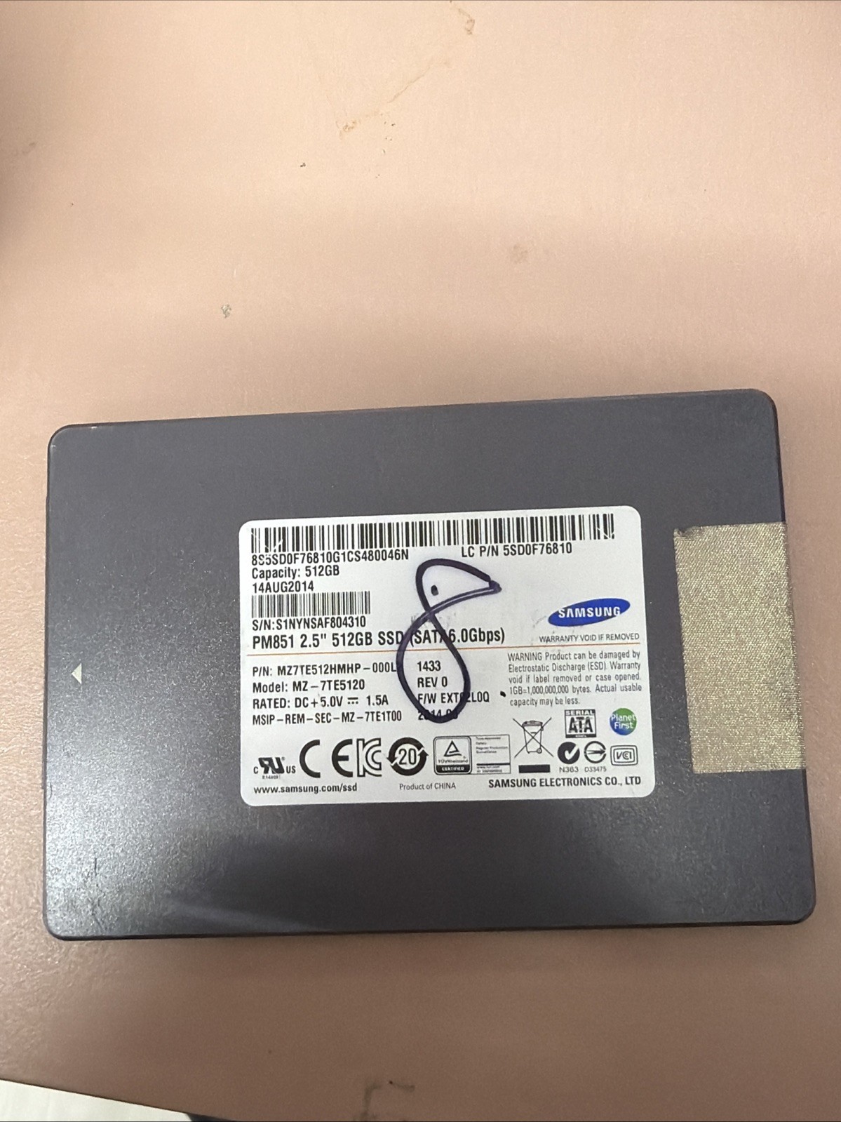 Samsung PM851 512GB SSD SATA6Gbps 2.5 (MZ7TE512HMHP MZ-7TE5120) 93% Health Teste
