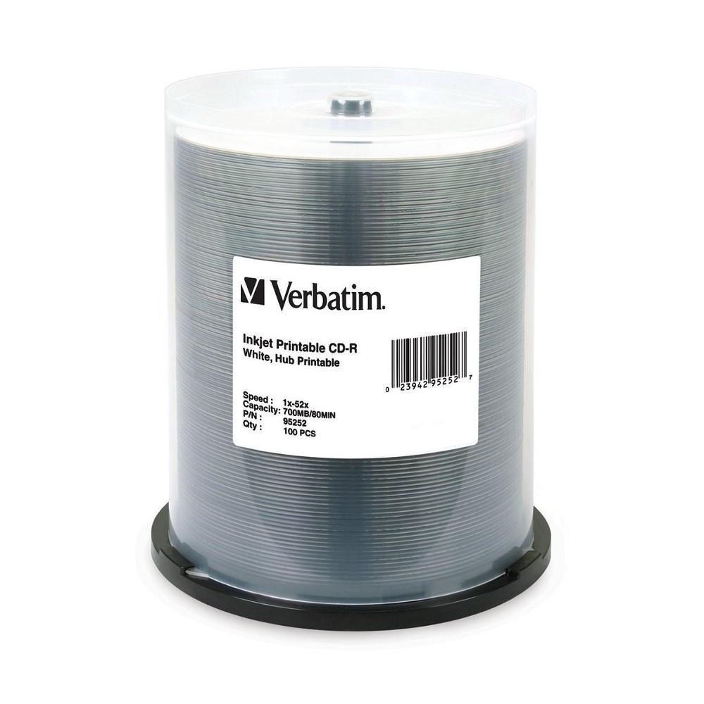 VERBATIM 95252 CD-R 52x 700MB 80Min White Inkjet Hub Printable 100 pack Spindle 