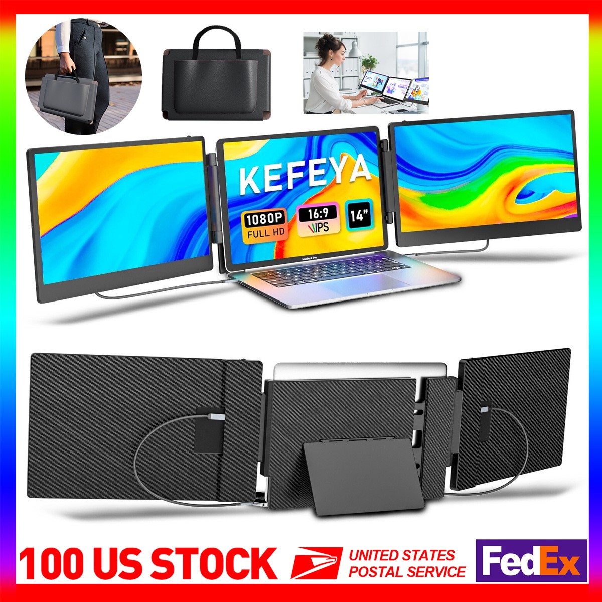 14" Triple Portable Laptop Screen Extender HDMI/Type-C w/ Bag Stand Eye Care S3