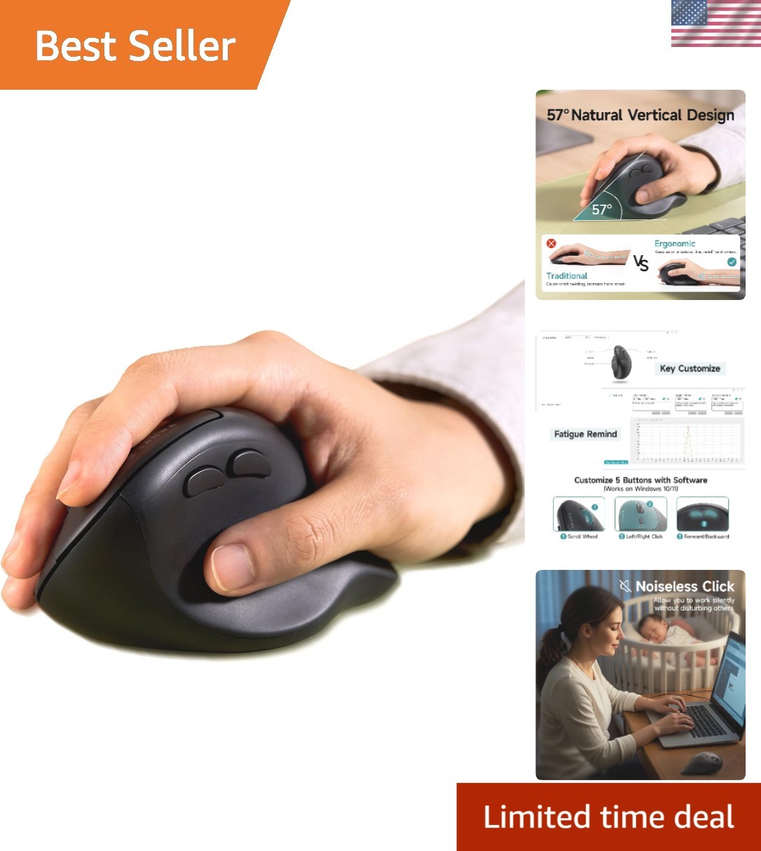Vertical Ergonomic Mouse, 3-Device Wireless Ergo Mice, Silent Click