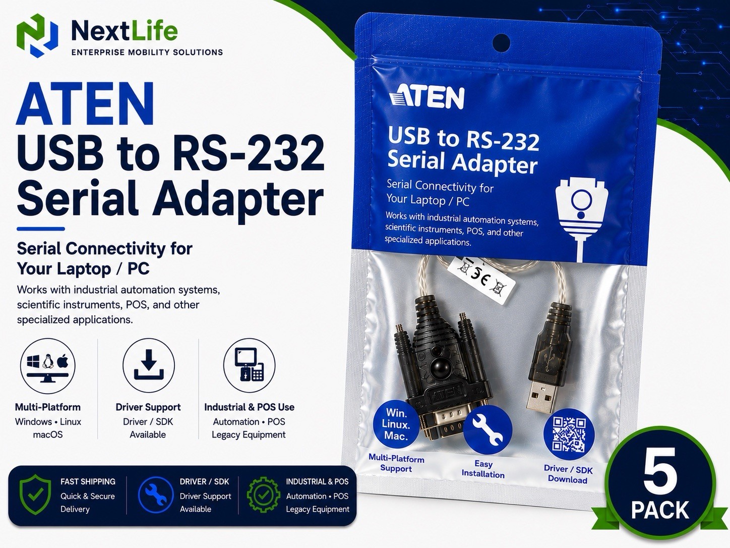5x NEW SEALED ATEN USB to RS-232 Serial Adapter in Black/Translucent | UC232A