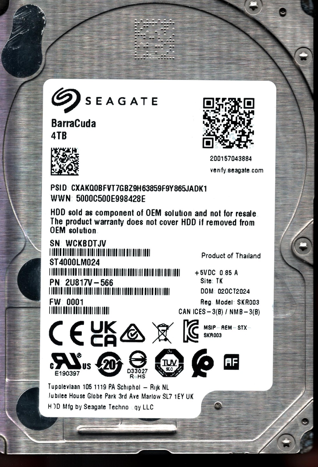 ST4000LM024 P/N: 2U817V-566 F/W: 0001 S/N: WCKBD 4TB OCT 2024 THAILAND SEAGATE