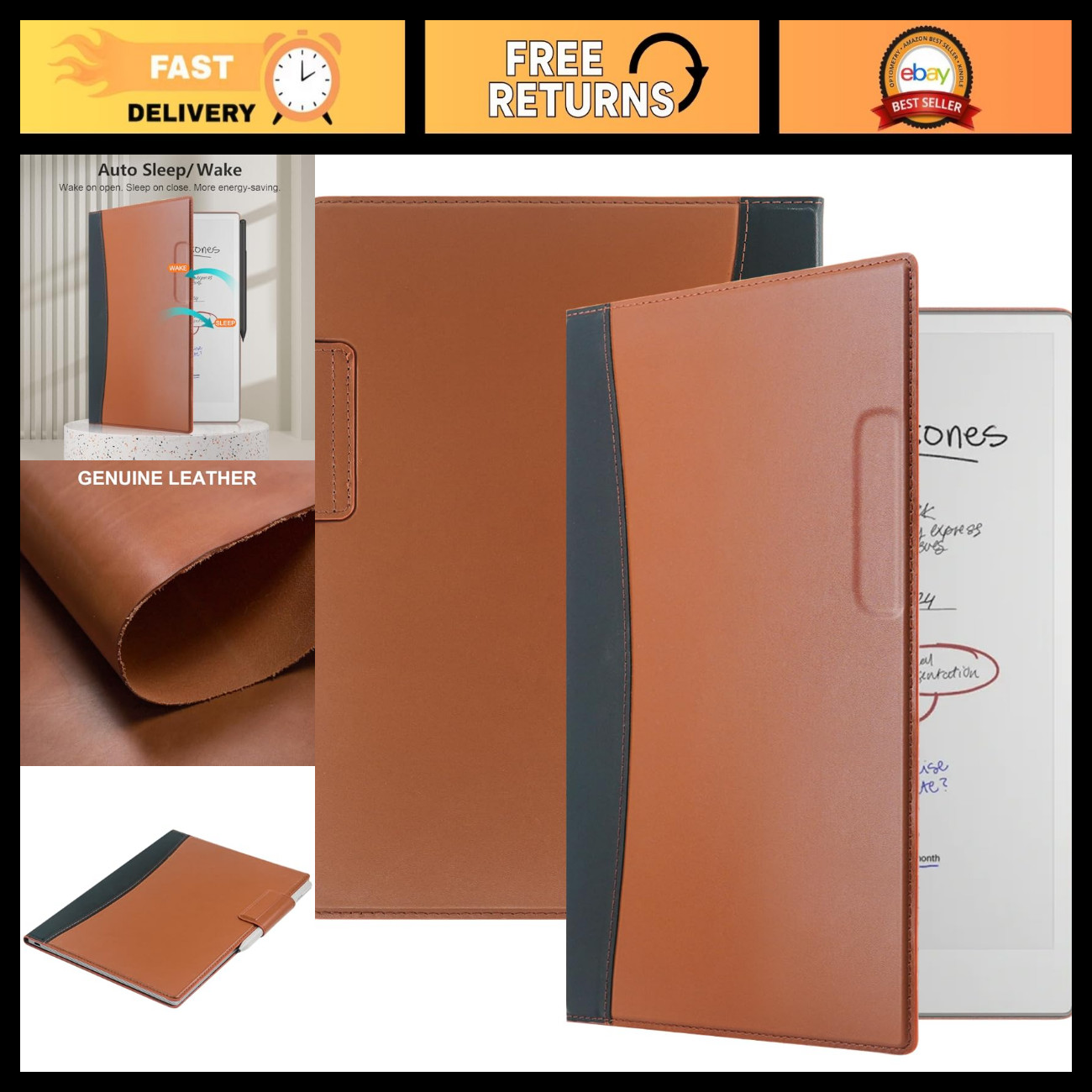 Ultra Slim Genuine Leather Case for Remarkable Paper Pro 11.8" - Magnetic Auto S