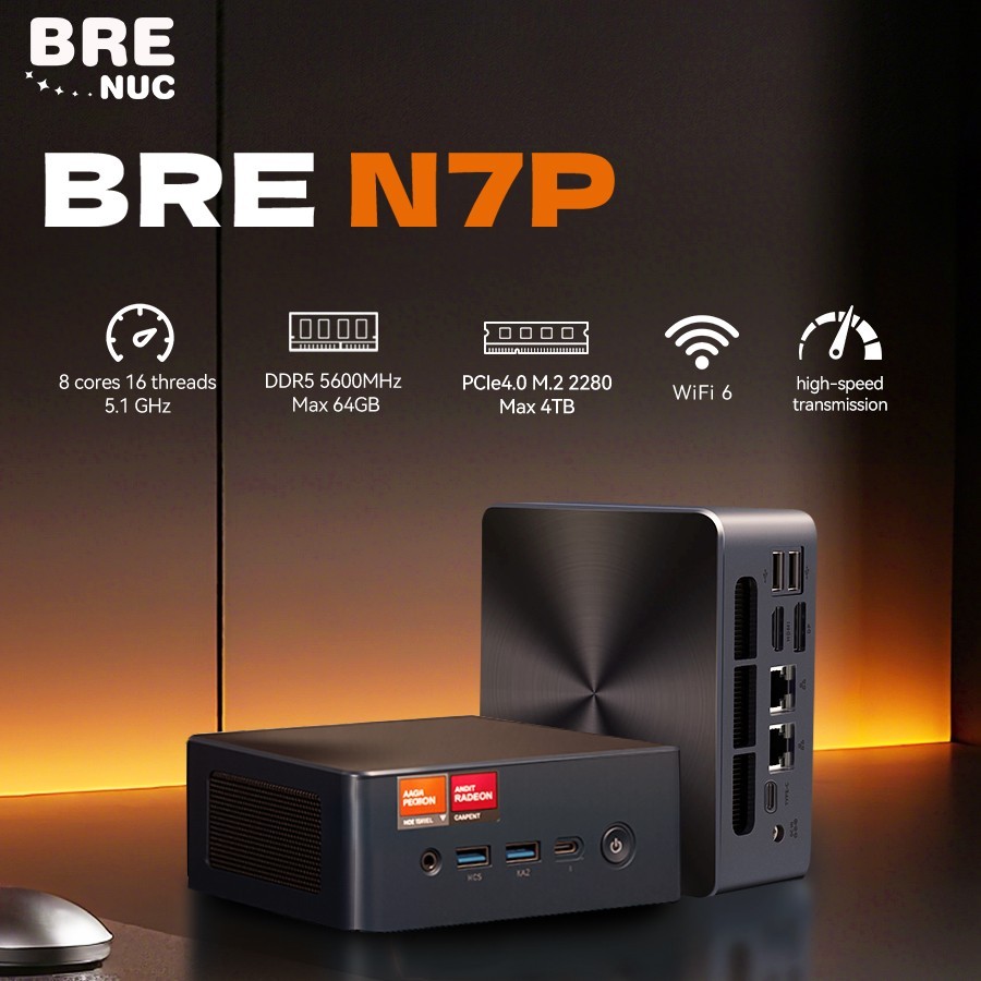 BRENUC N7P Desktop Mini Gaming PC Barebone, AMD Ryzen 7 7840HS, WiFi 6, BT5.2
