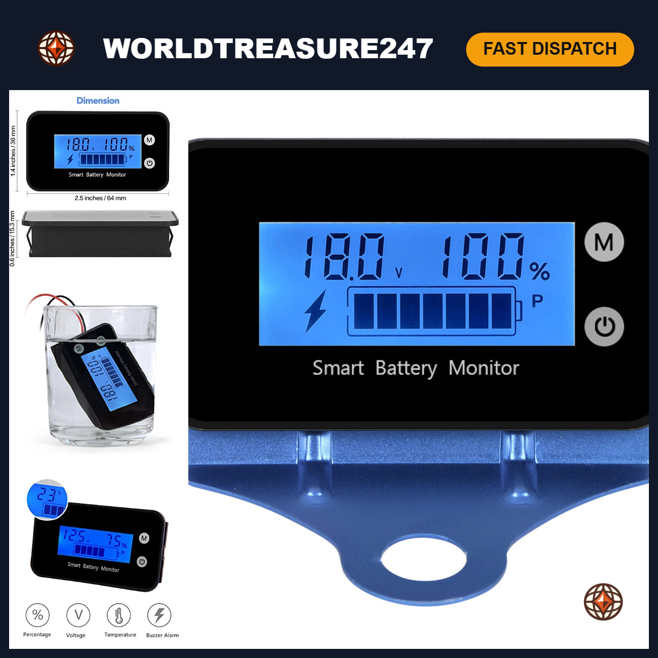 IPX7 Waterproof Monitor 7-100V with Bracket, Buzzer Alarm & Temperature Display