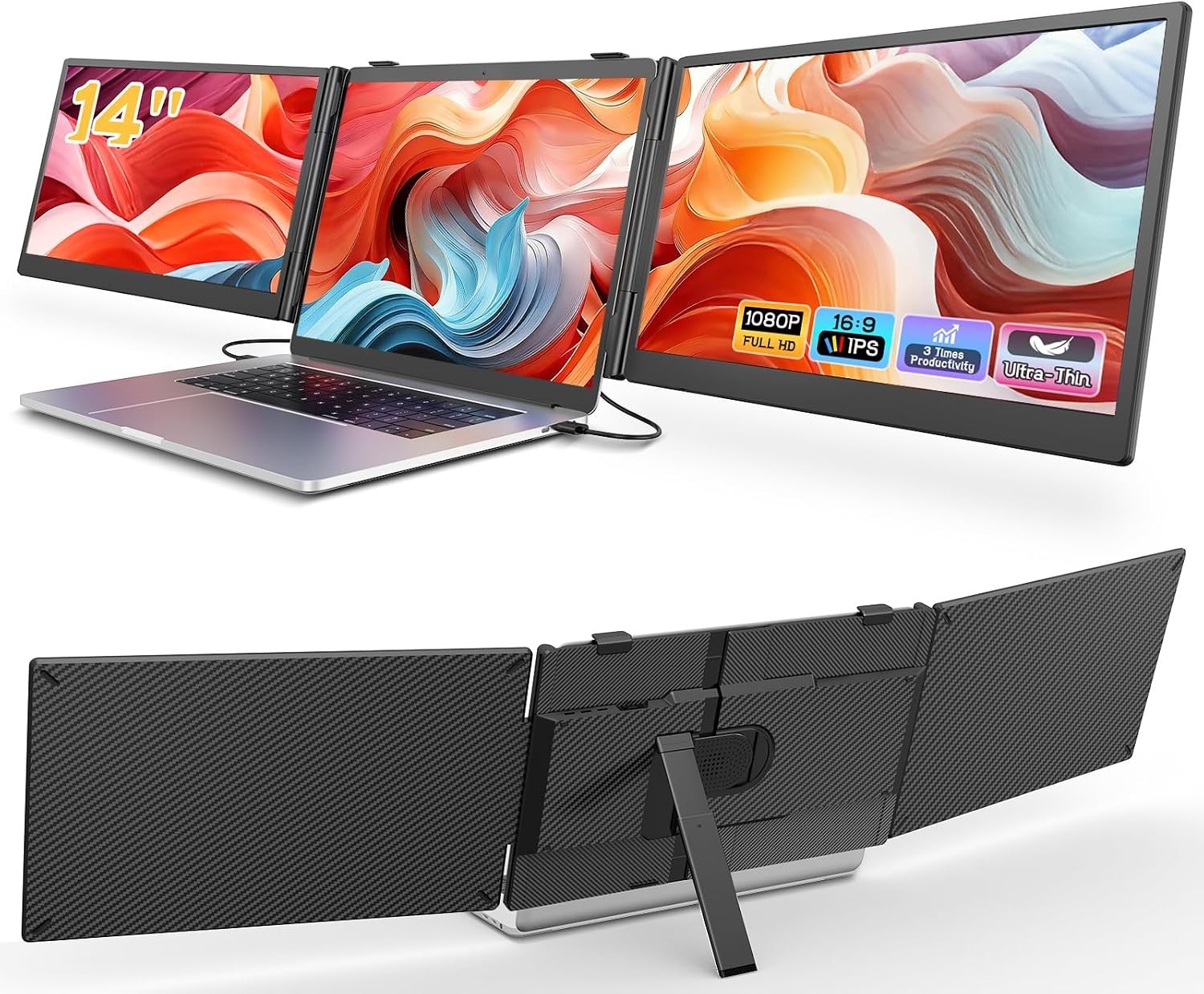 Extensor de pantalla para portátil, monitor triple ultradelgado FHD 1080P de 14'
