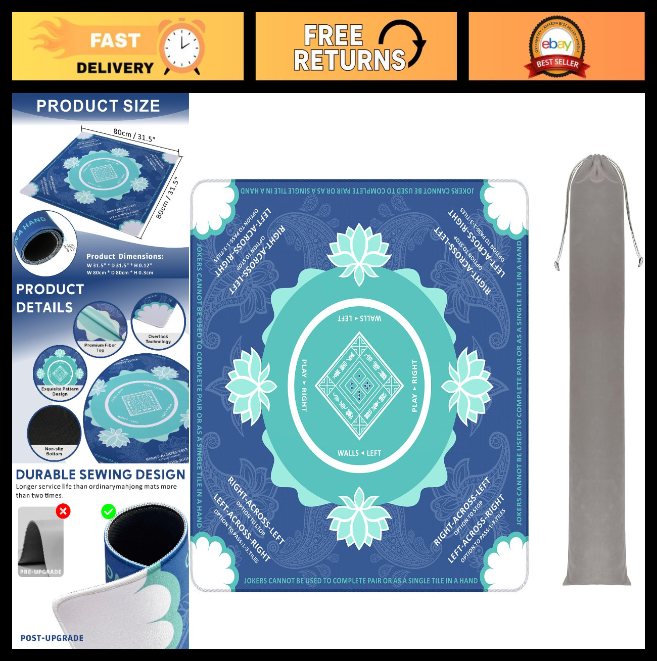 Non-Slip Mahjong Gaming Mat with Carrying Bag, 31.5" x 31.5", Blue - Ideal for P