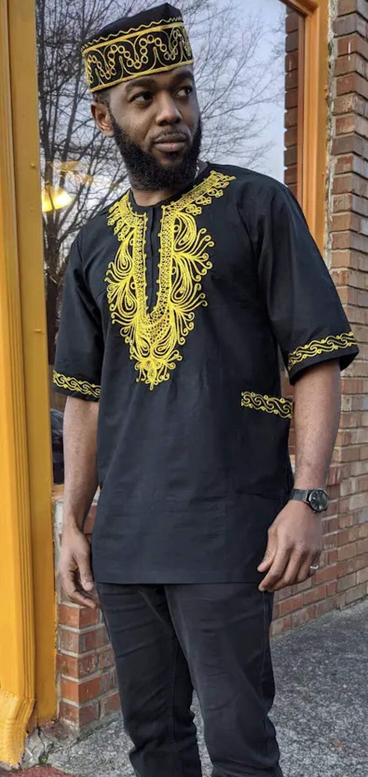 Black Dashiki with Gold Embroidery-DP3781M | African Fashion | Dupsie's