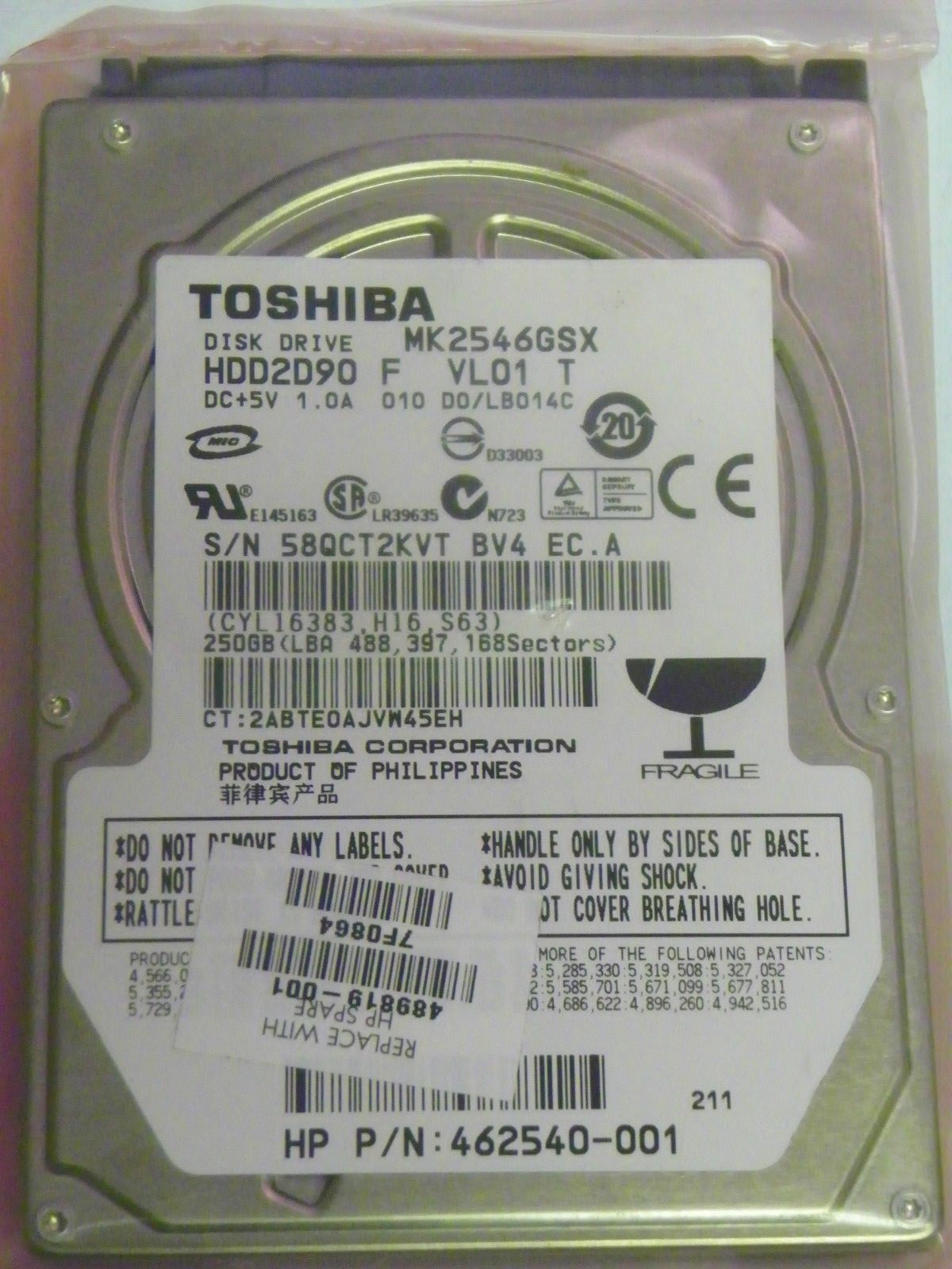 Toshiba MK2546GSX (HDD2D90 F VL01 T) 010 D0/LB014C Laptop 250GB 2.5" SATA HDD