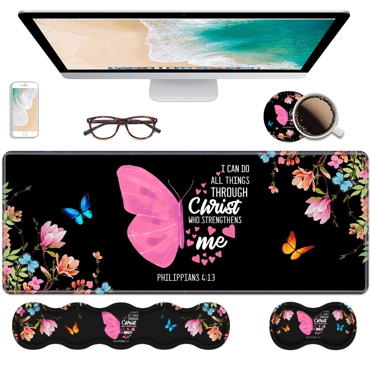Ergonomic Keyboard Wrist Large, Butterfly Quote Bible Verse Philippians 4:13