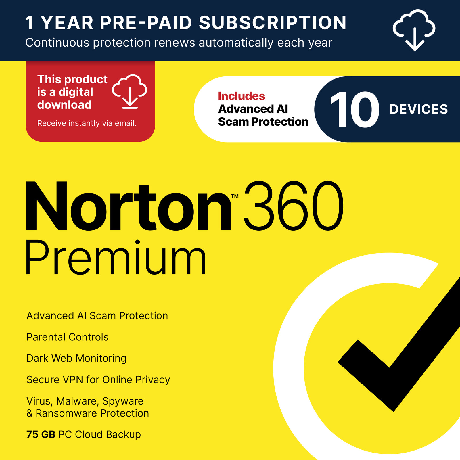 Norton 360 Premium | 10 Devices | Digital Download Code Sent by Email