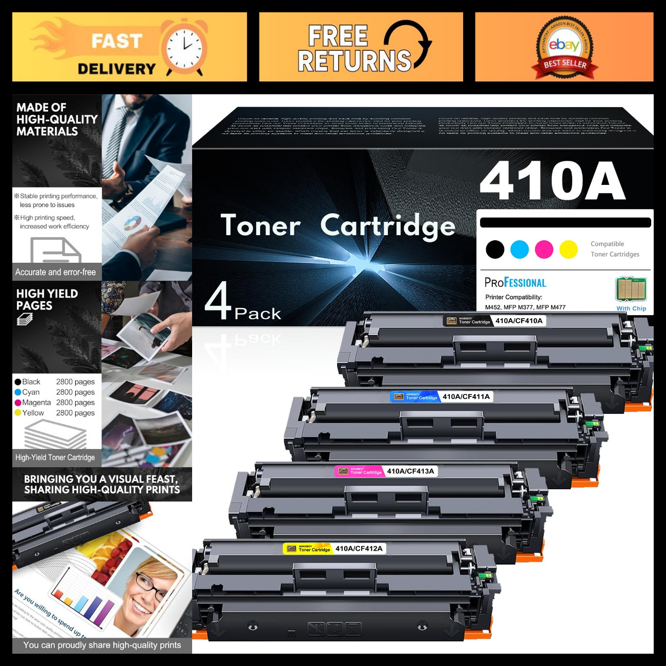 High Yield 410A Toner Cartridges 4 Pack for M477fnw M452dn M477fdw Printers