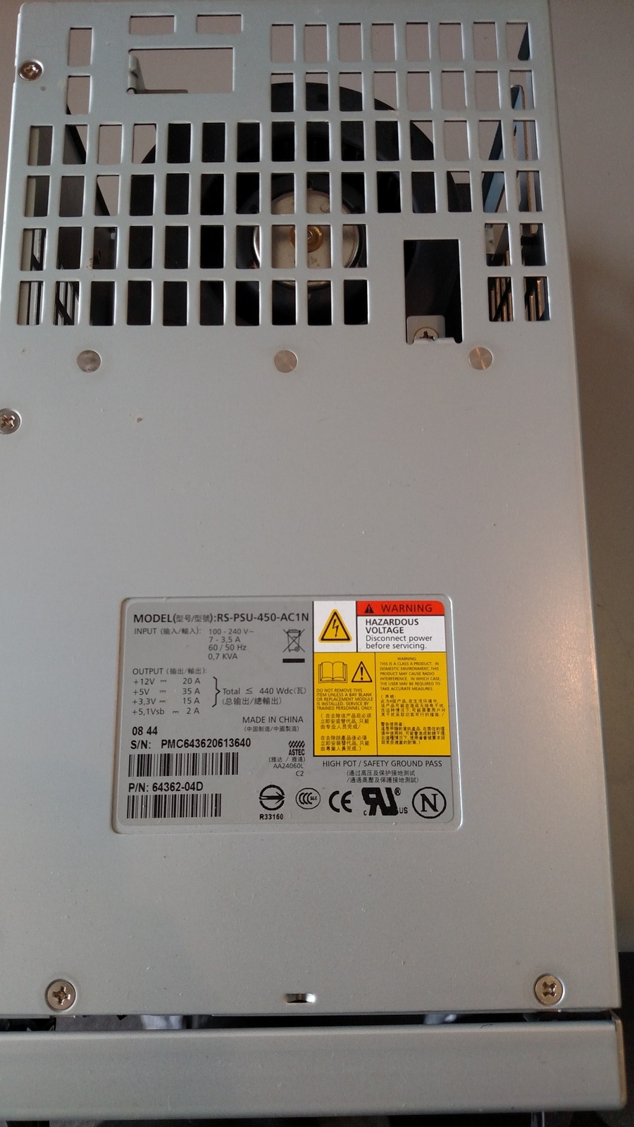 Netapp 440W Power Supply for DS14 pn: 114-00021+A0 Model: RS-PSU-450-AC1N