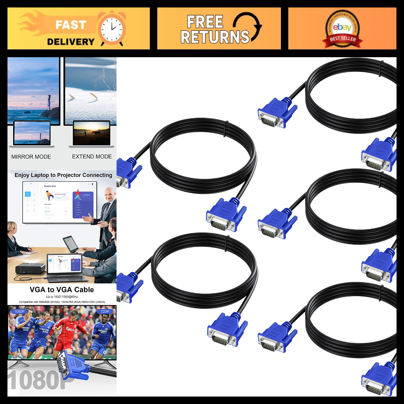 5-Pack 5ft VGA Cable Male to Male Monitor Adapter Cord HD15 1080P Full HD Blue