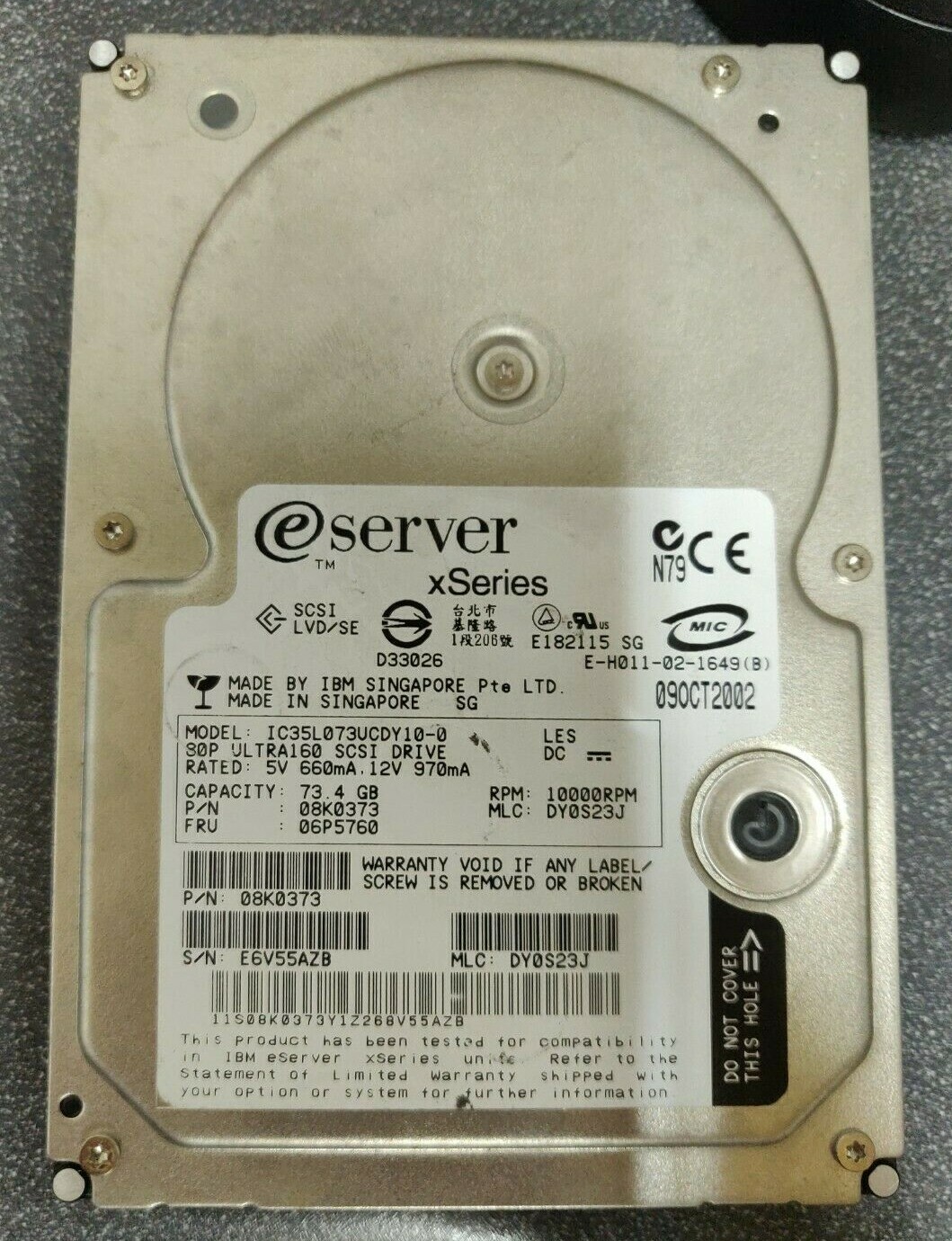 IBM 08K0373 06P5760 73.4GB 10K RPM SCSI eSERVER 3.5" Hard Disk Drive