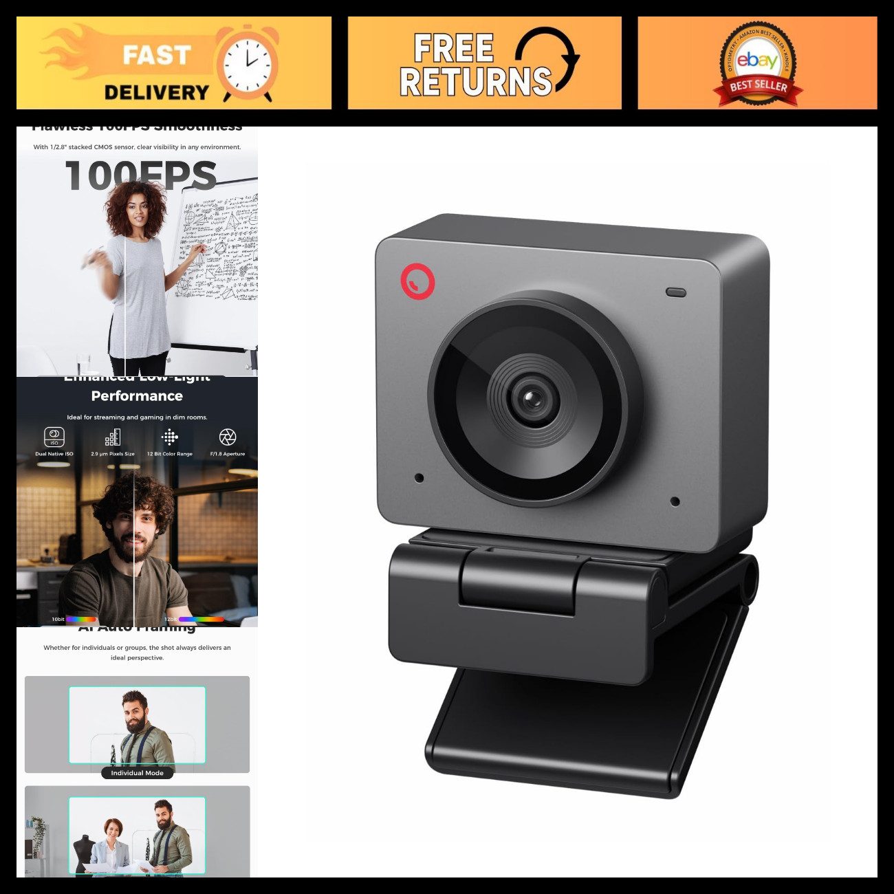 1080P 100FPS AI Framing Webcam for PC - Streaming Camera, Video Conferencing