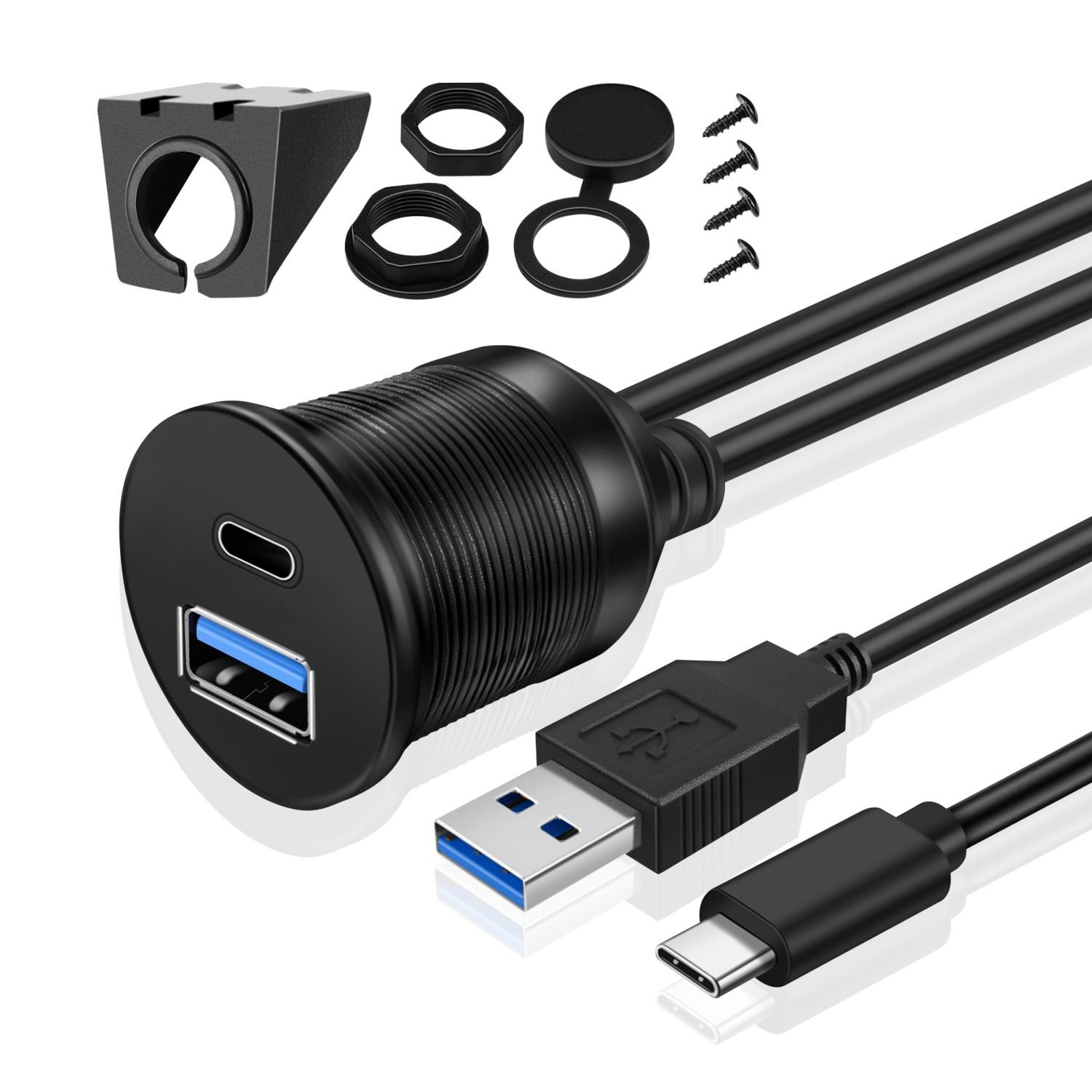 USB C + USB 3.0 Flush Mount Extension Cable for Car Dashboard Dash Panel 6ft 2M