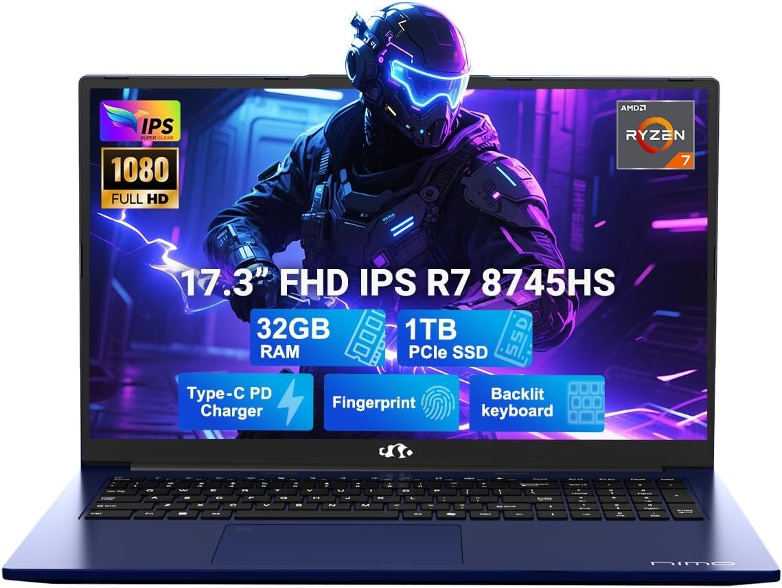 NIMO 17.3" Light Gaming Laptop AMD R7 8745HS 32GB DDR5 RAM 1TB SSD Radeon 780M