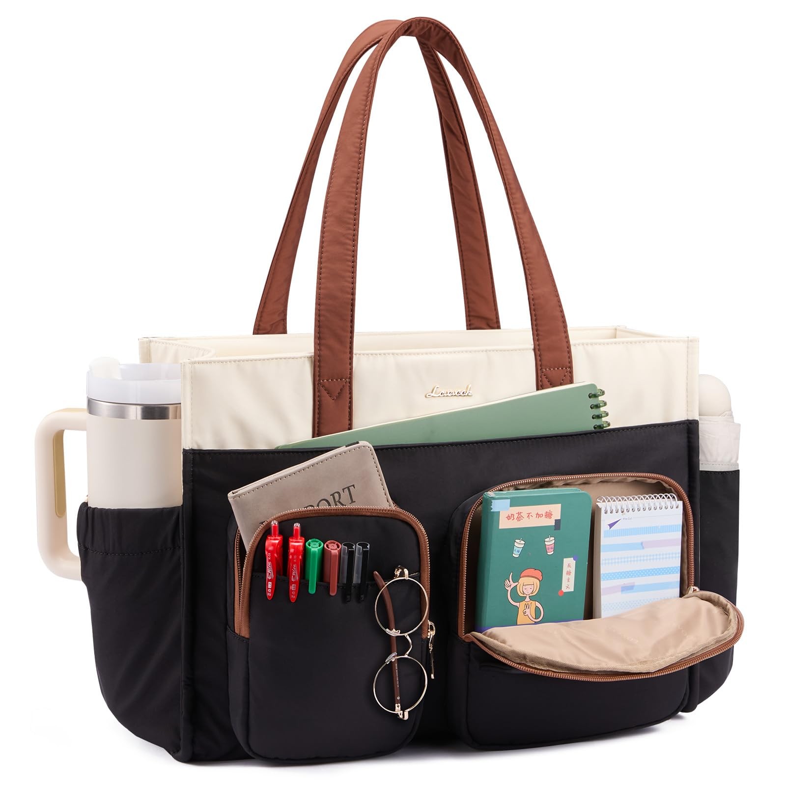 LOVEVOOK Teacher Tote Bag for Women, Multi-pocket Laptop Bag with Large Cup H...