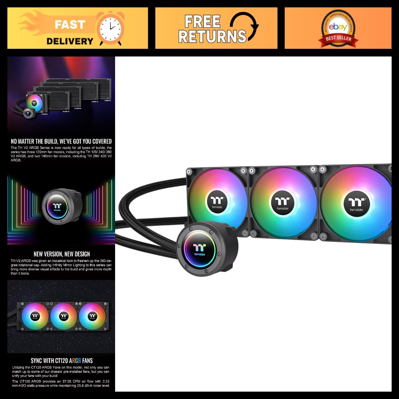 High-Performance 360mm ARGB Liquid CPU Cooler, PWM Fans 500-2000 RPM, Mirror Wat