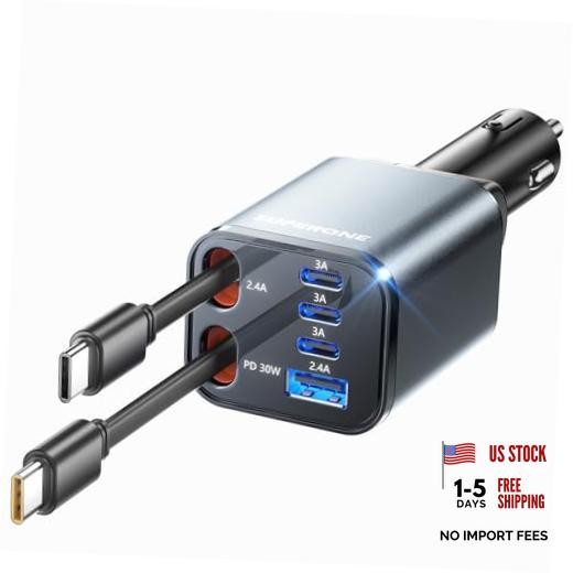 Retractable Car Charger, [Ultra-Compact] 6-Port Car Charger USB C, iPhone GREY