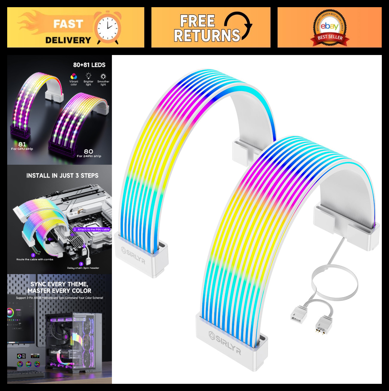 ARGB PSU Cable Sleeves 8Pin/12VHPWR & ATX 24Pin | Flexible LED Strips for Cable