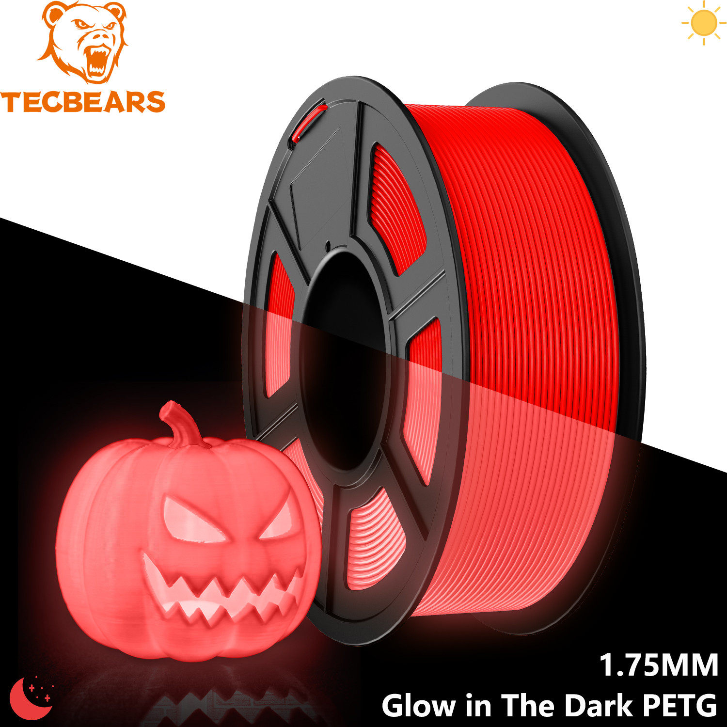 TECBEARS Glow in The Dark PETG Filament 1.75mm Red 3D Printer 1KG Straight Splic