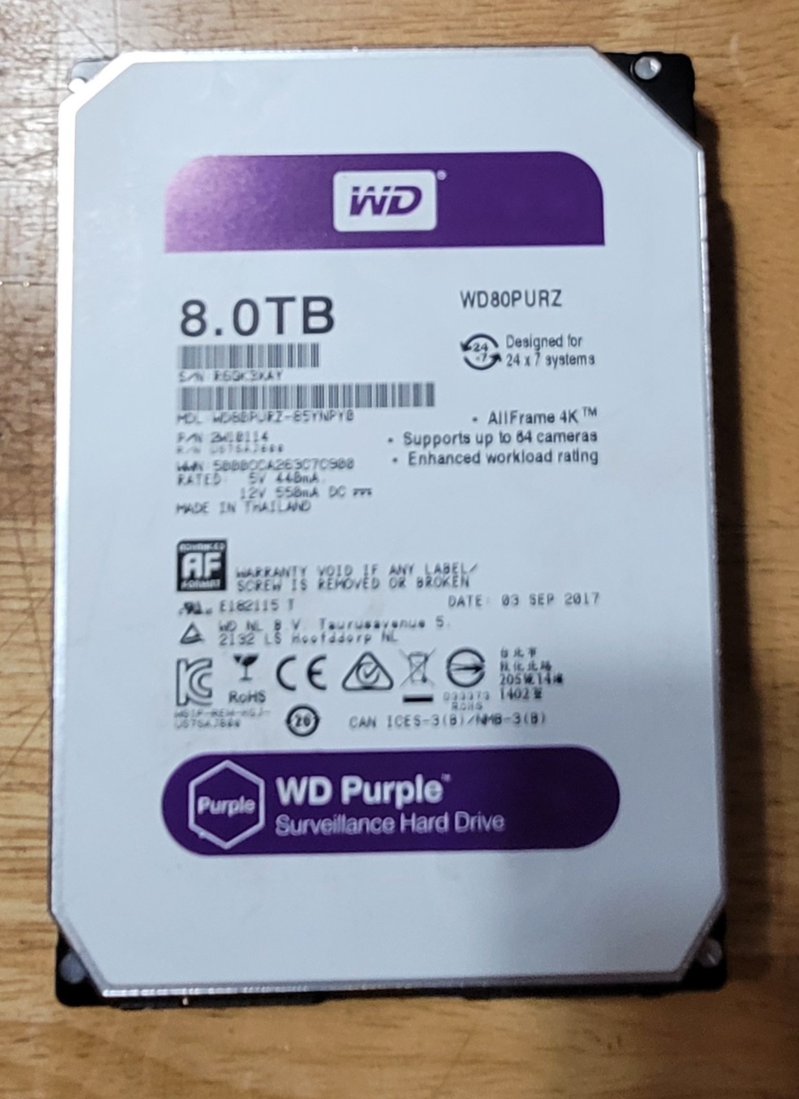 Western Digital WD Purple 8TB SATA HDD AllFrame 4K WD80PURZ-85YNPY0