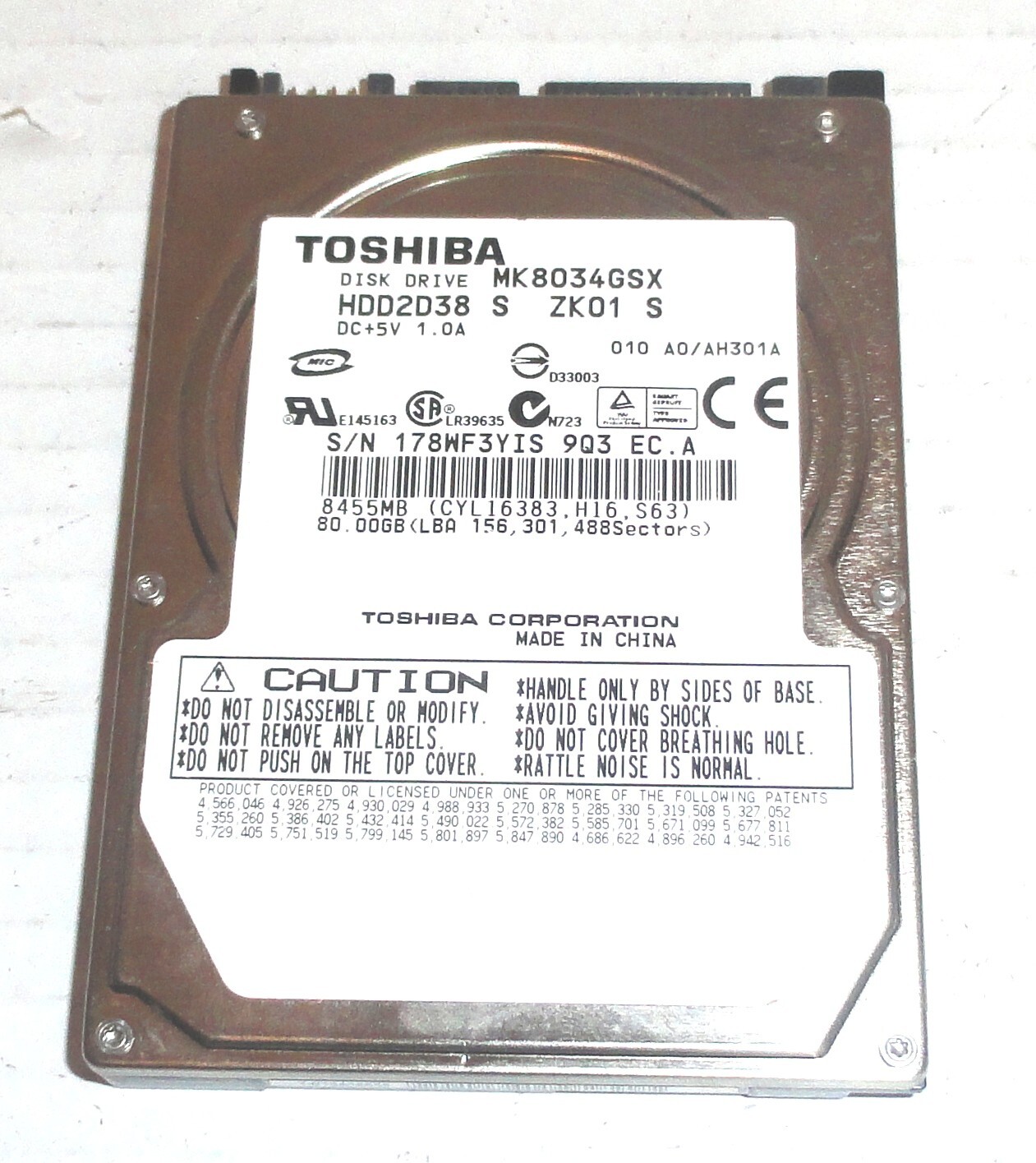 Toshiba MK8034GSX HDD2D38 S ZK01 S 80GB Sata Hard Drive