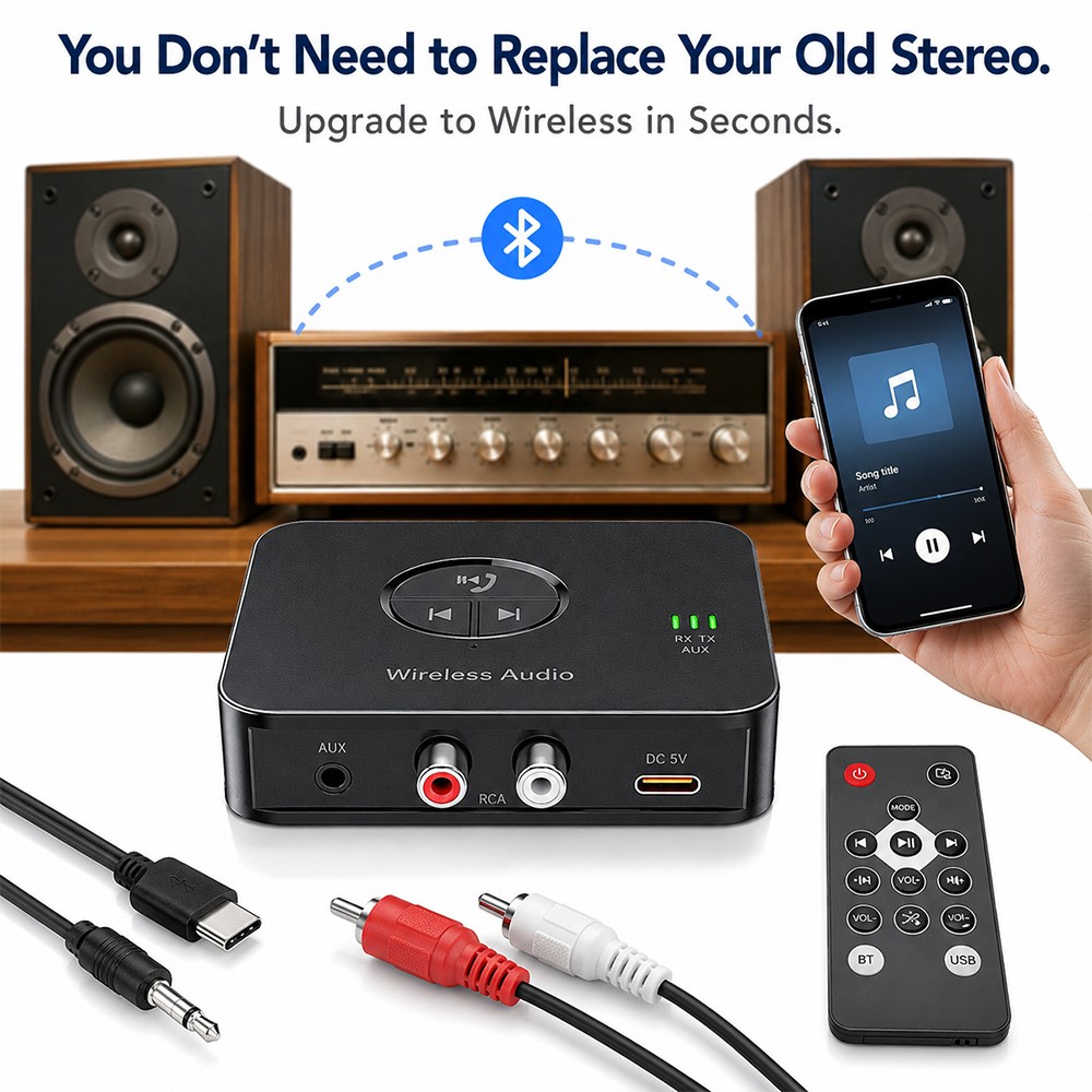 Bluetooth 5.4 Audio Receiver for Stereo RCA AUX Adapter Wireless Music Streaming