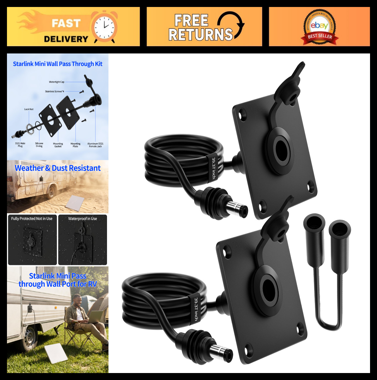 Mini RV Wall Pass Through Port Kit with DC Power Cable - 2 Pack, Easy Install