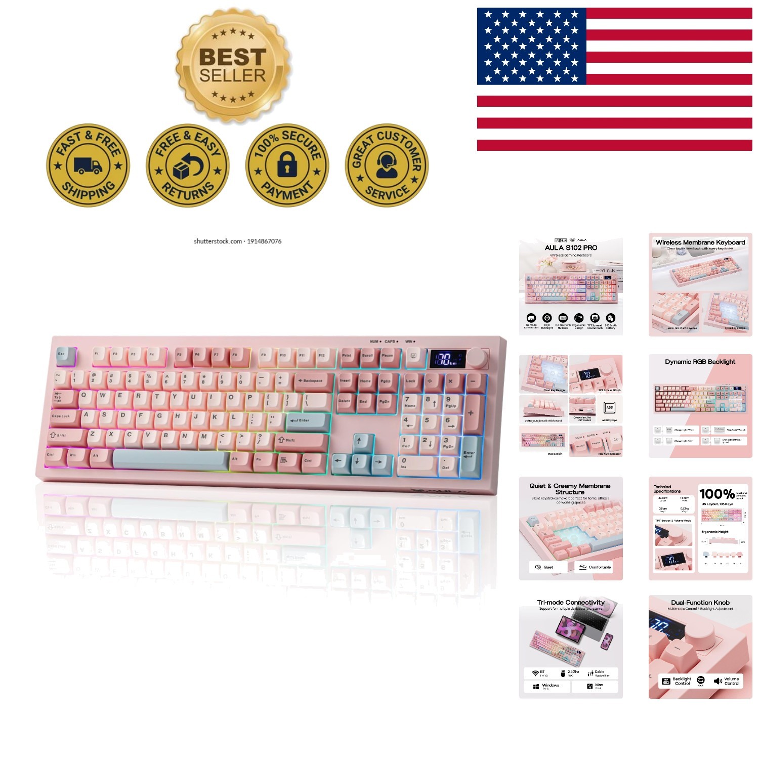 Ergonomic Aula S102 PRO Keyboard - Membrane, RGB Backlit & Tri-Mode Connectivity