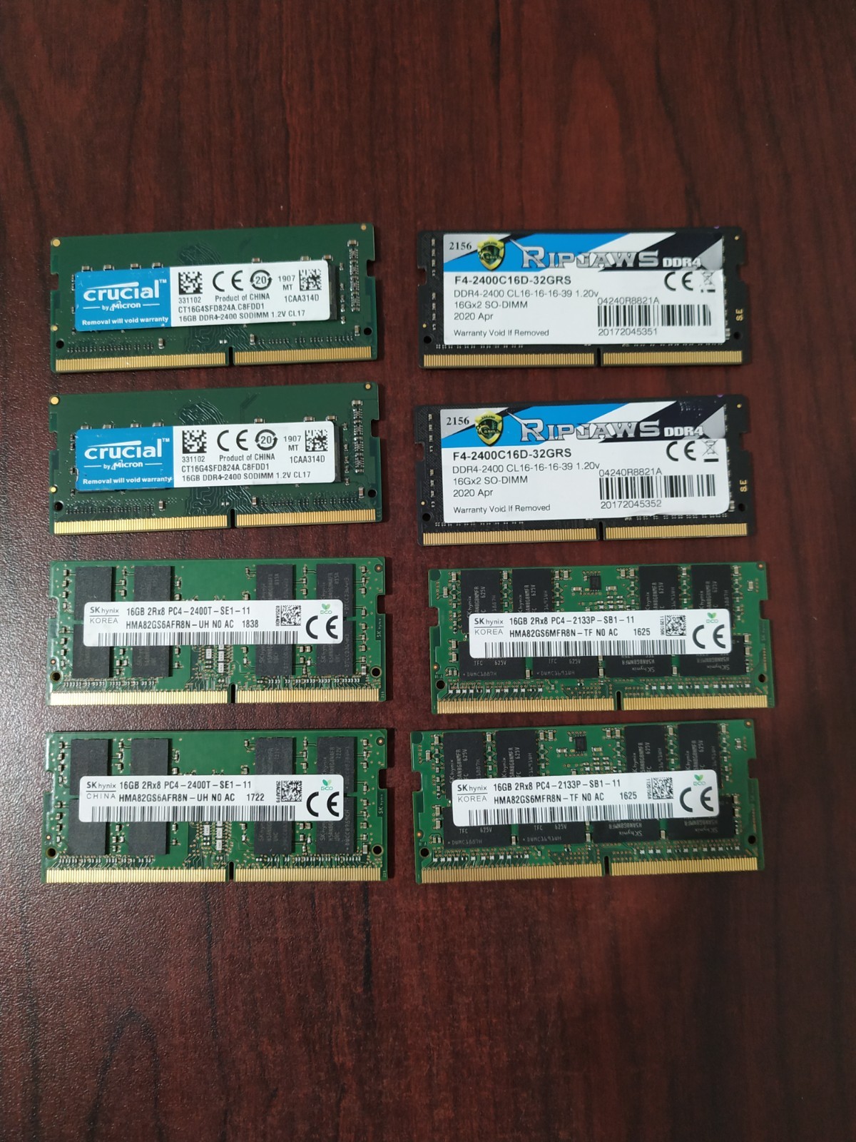 Lot of 8 Mixed brand 16GB 1Rx8 2Rx8 PC4-2400 PC4-2133P DDR4 LAPTOP SODIMM RAM