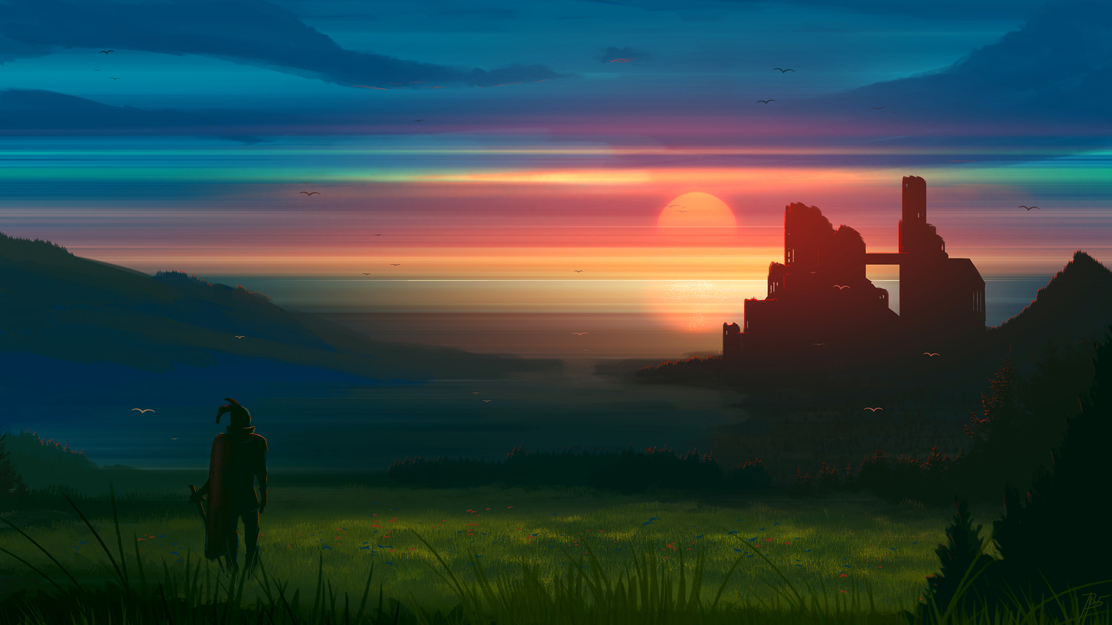 Landscape joeyjazz knight ruins fantasy art sunset Custom Gaming Mat Desk