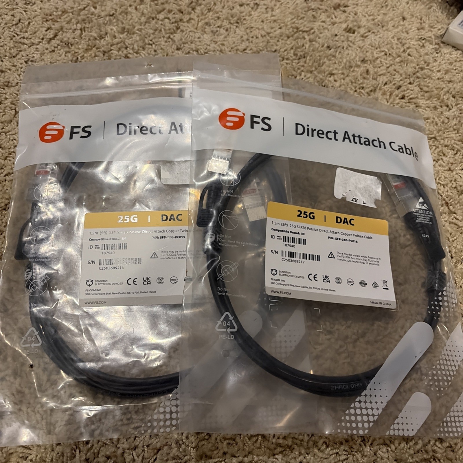 FS 25G SFP28 Passive Direct Attach Copper Twinax Cable-2pack