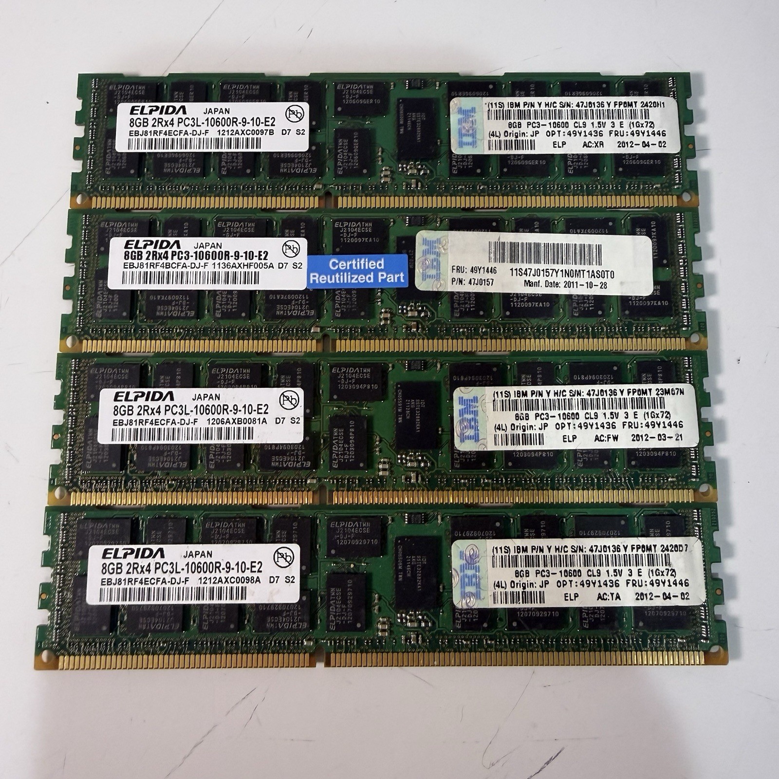 Elpida 8GB 2Rx4 PC3L 10600R-9-10-E2 Desktop Memory Ram IBM lot of 4
